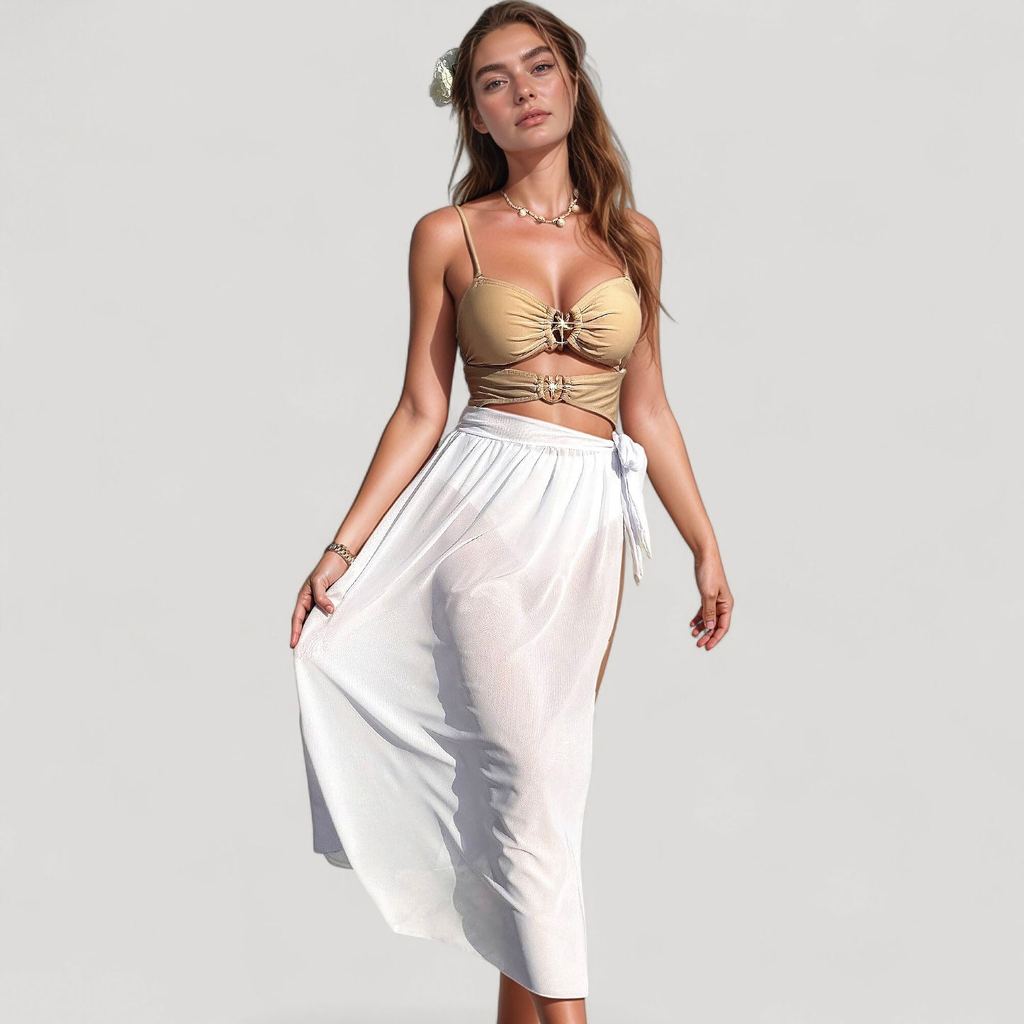 Anna-Kaci Women's Bikini Top with Jewel Ring Accents and Sheer Wrap Skirt Cover-Up Set