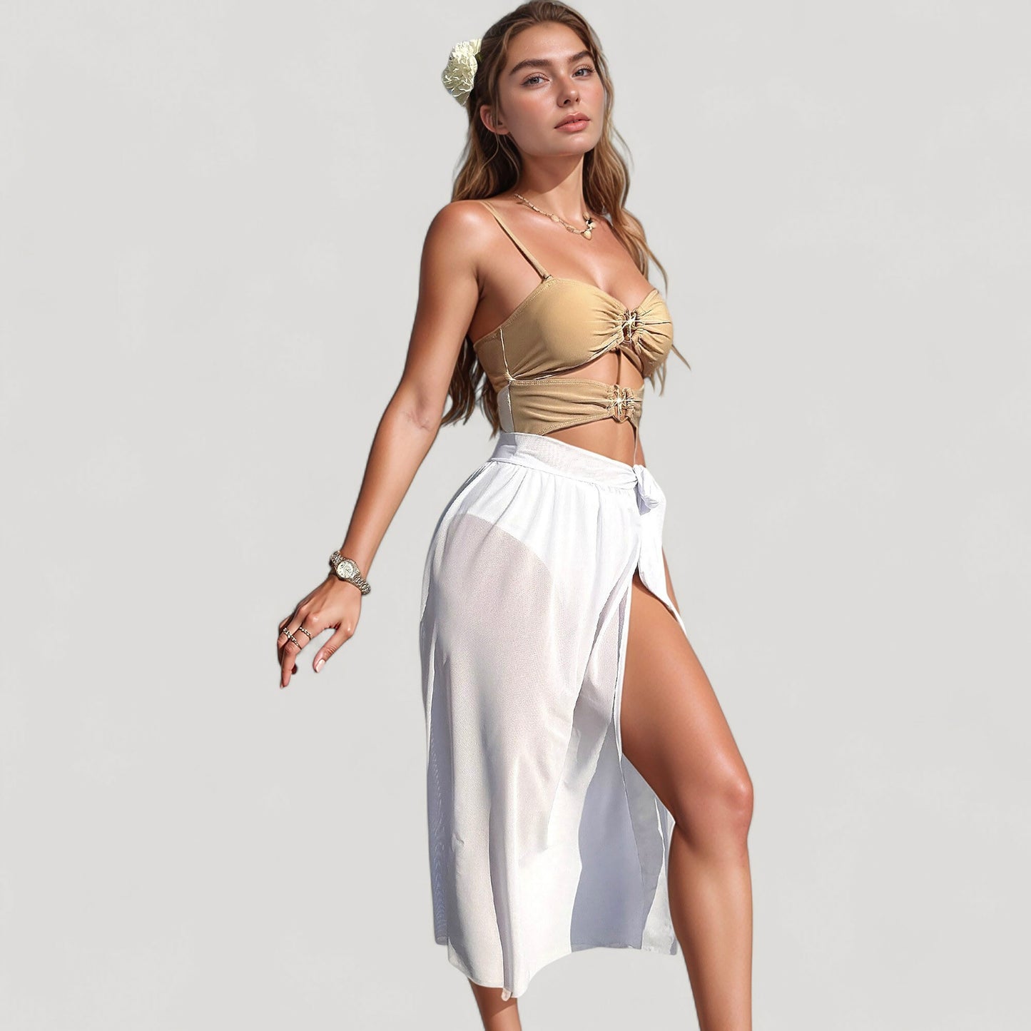 Anna-Kaci Women's Bikini Top with Jewel Ring Accents and Sheer Wrap Skirt Cover-Up Set