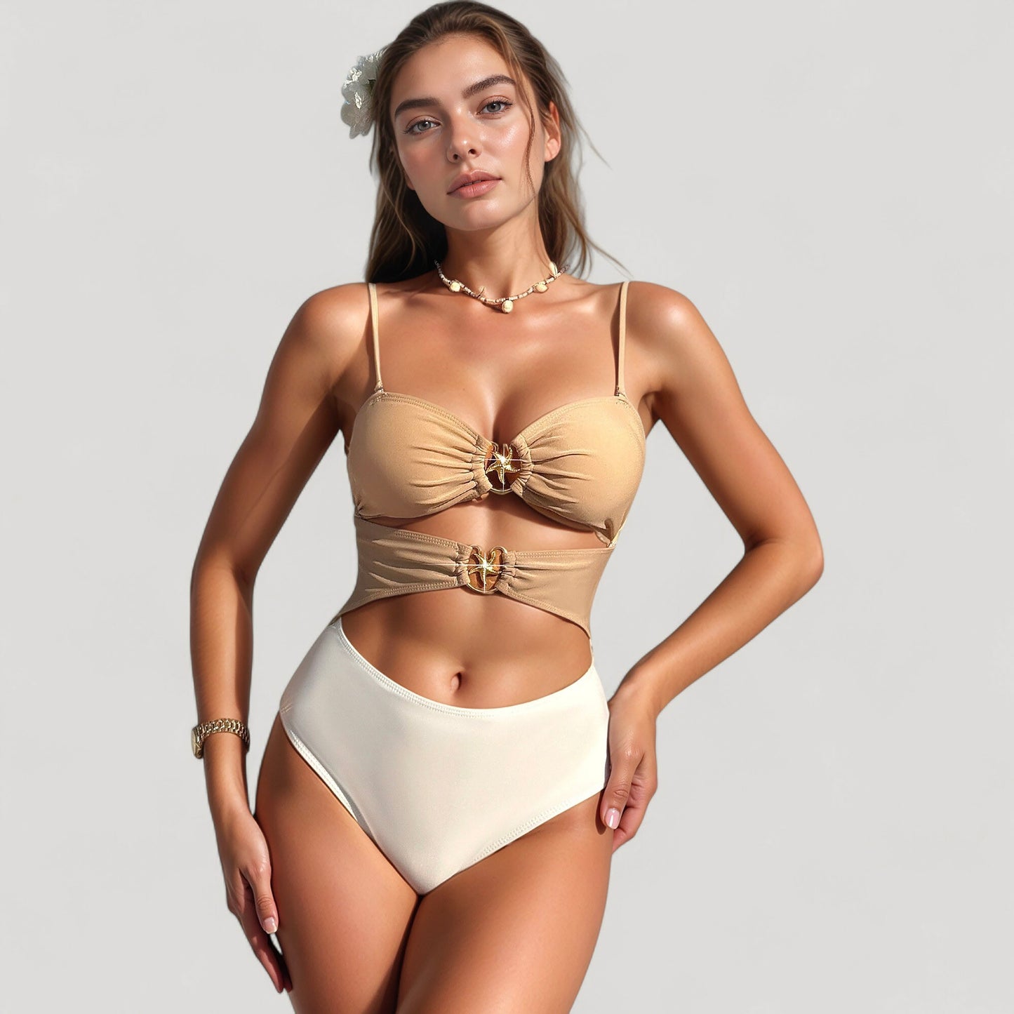 Anna-Kaci Women's Bikini Top with Jewel Ring Accents and Sheer Wrap Skirt Cover-Up Set