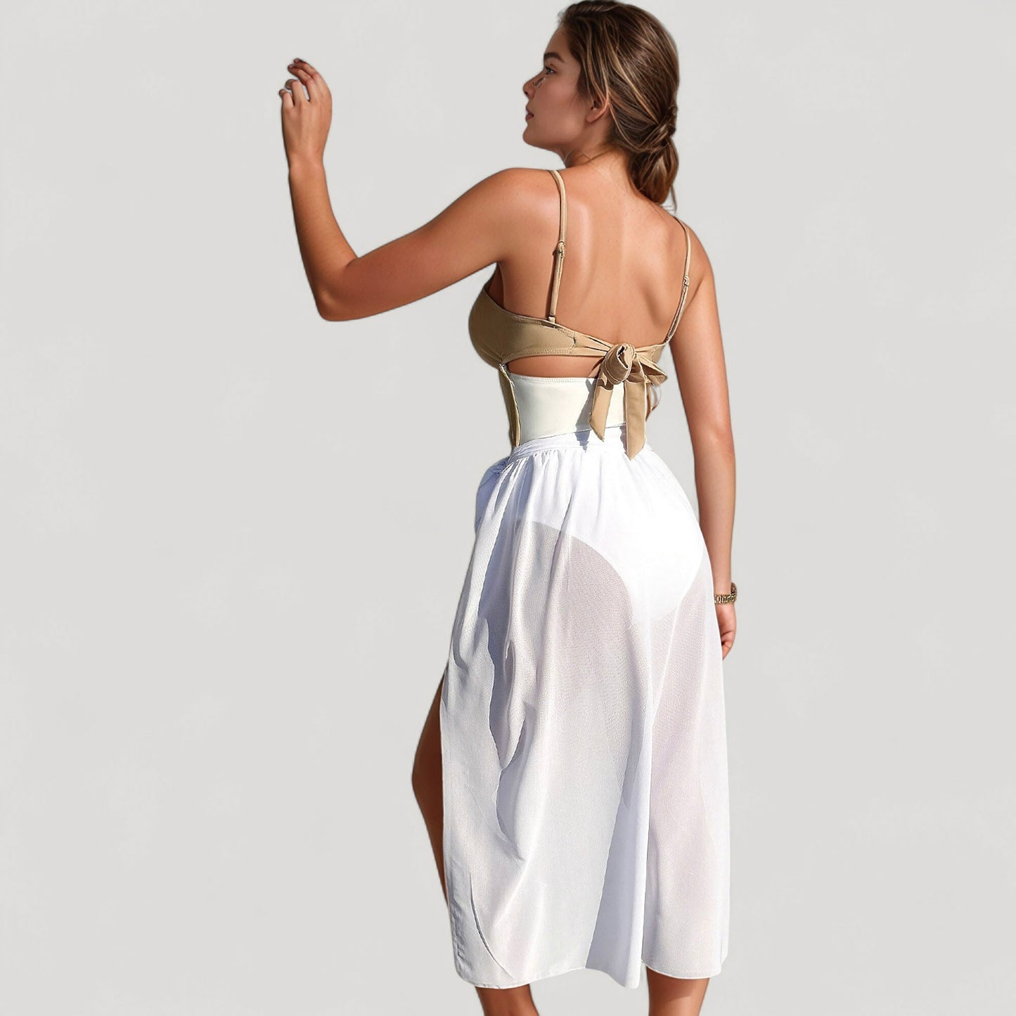 Anna-Kaci Women's Bikini Top with Jewel Ring Accents and Sheer Wrap Skirt Cover-Up Set