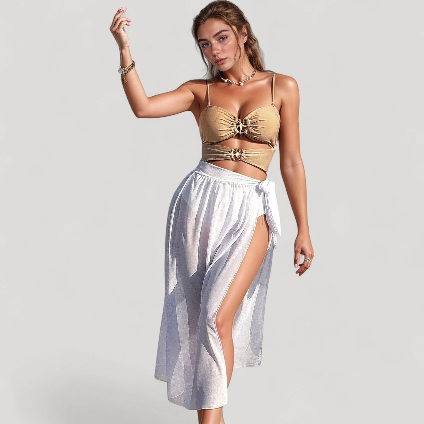 Anna-Kaci Women's Bikini Top with Jewel Ring Accents and Sheer Wrap Skirt Cover-Up Set