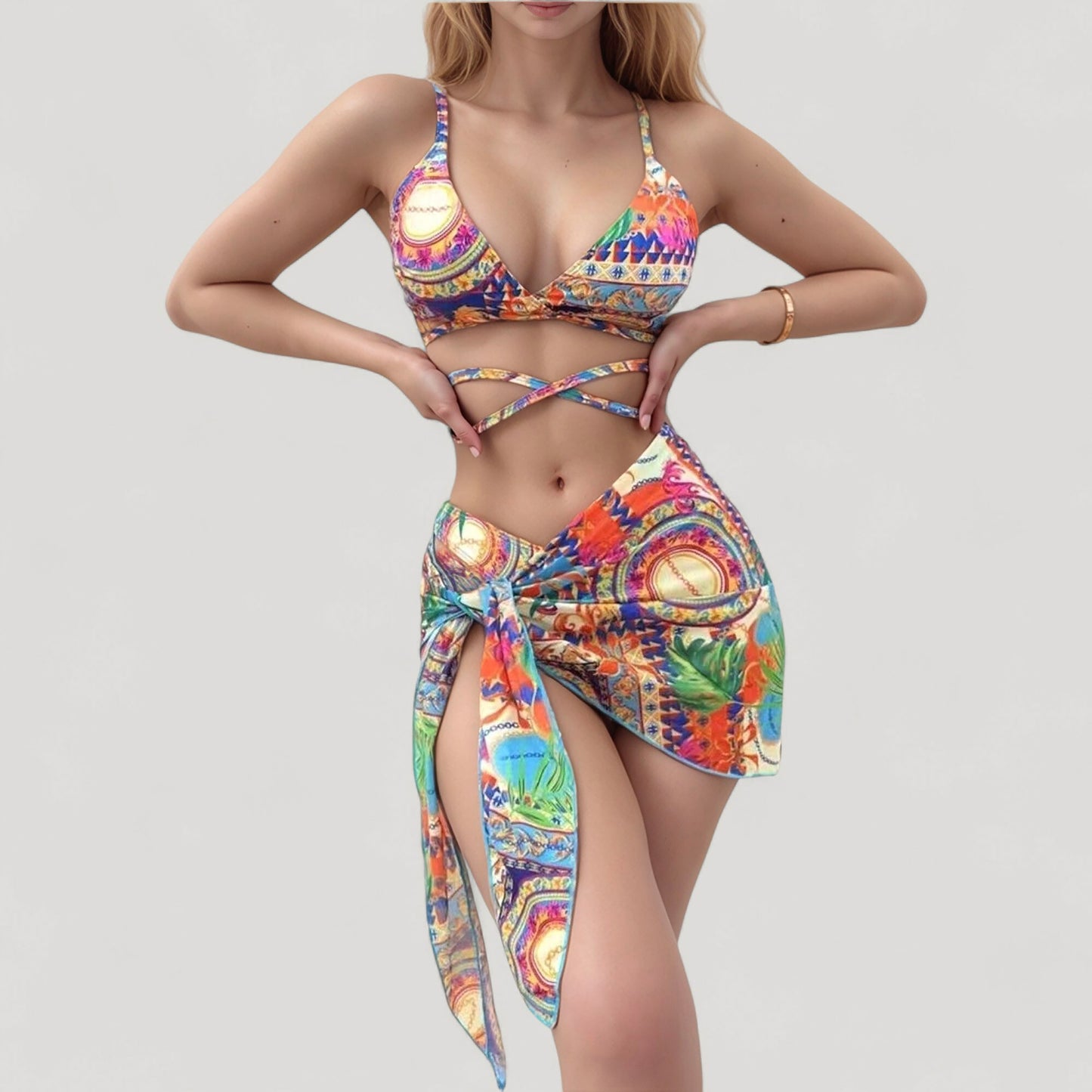 Anna-Kaci Women's Printed Bikini with Wrap Tie Straps and Matching Side Tie Mini Skirt Cover-Up