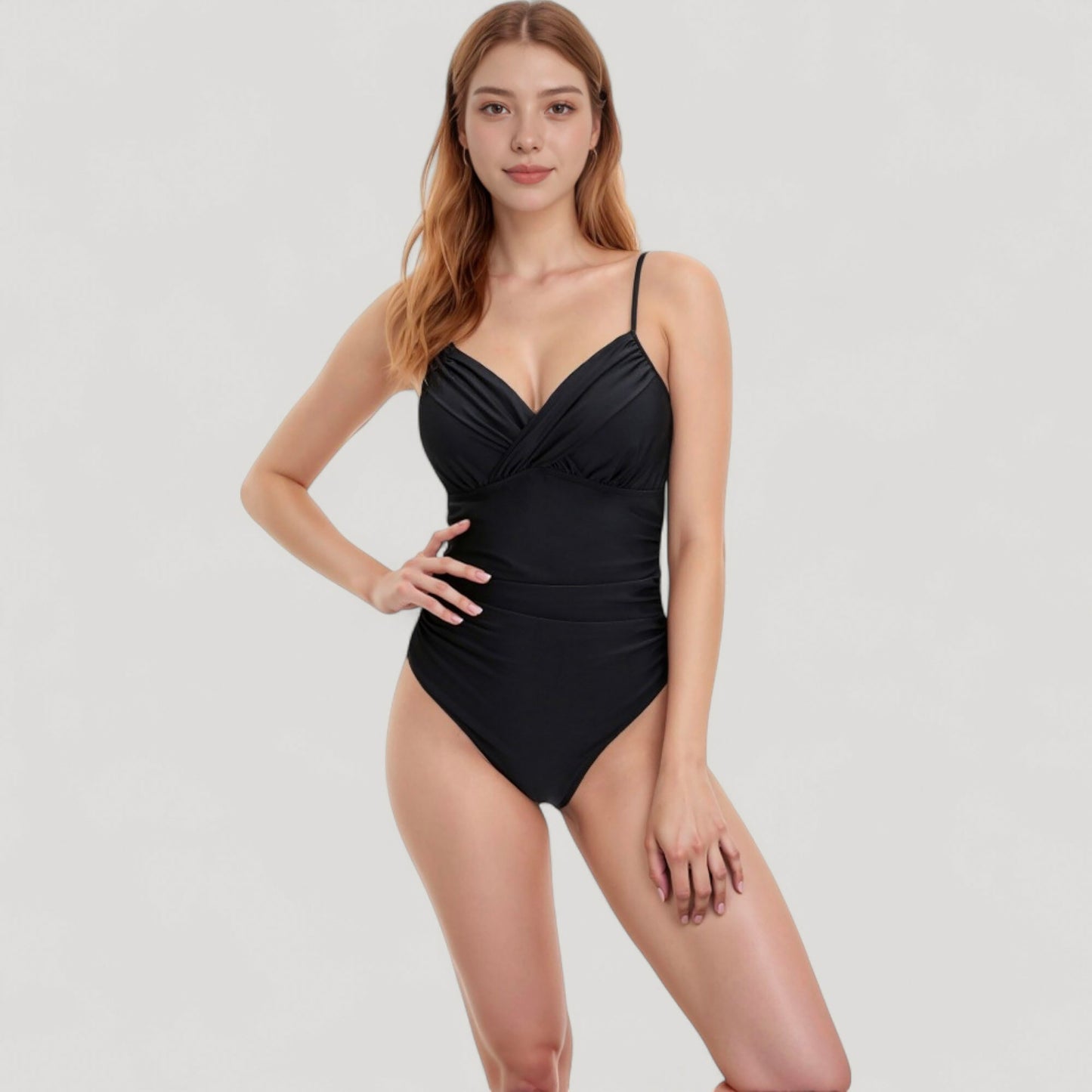 Anna-Kaci Women's One Piece Swimsuit with Ruched Waist and V-Neck Wrap Front Adjustable Spaghetti Straps