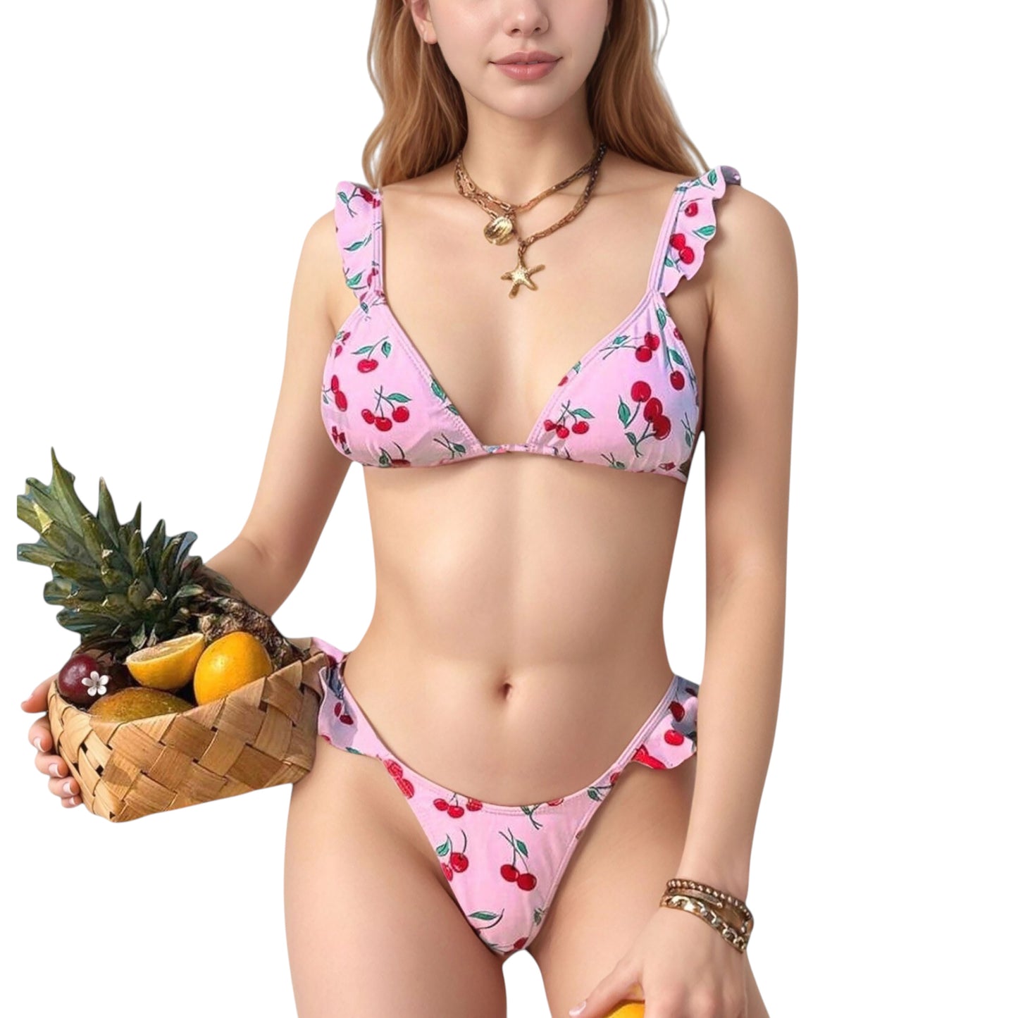 Anna-Kaci Women's Cherry Print Bikini Set with Triangle Top and Ruffle Strap Detail High Cut Bottom