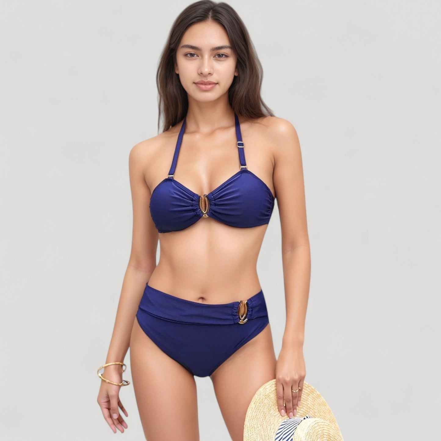 Anna-Kaci Women's High Waist Bikini Set with Shell-Inspired Ring Detail and Adjustable Halter Strap