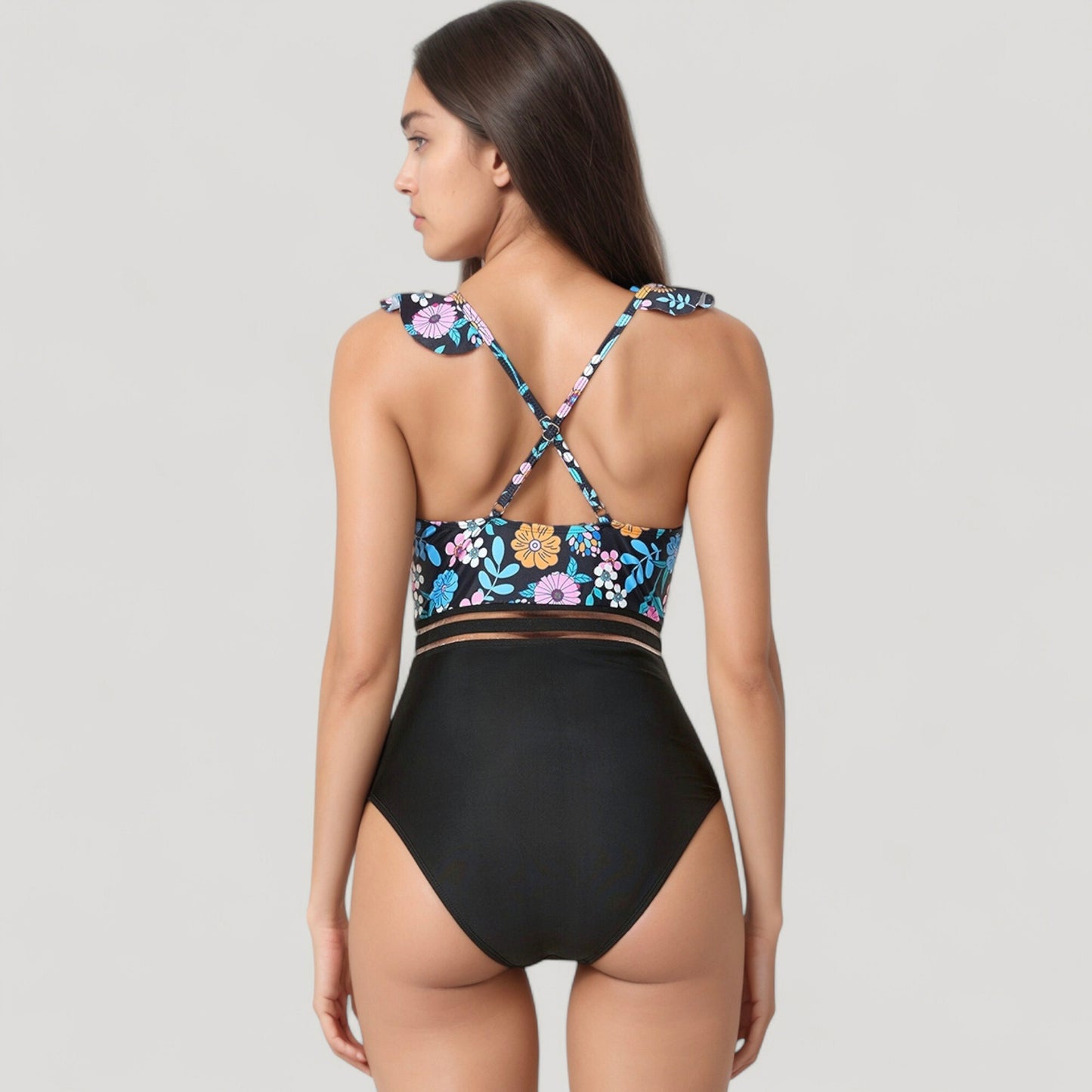 Anna-Kaci Swim Women's Ruffle One-Piece Swimsuit with Floral Print Bodice and Striped Waistband Detail