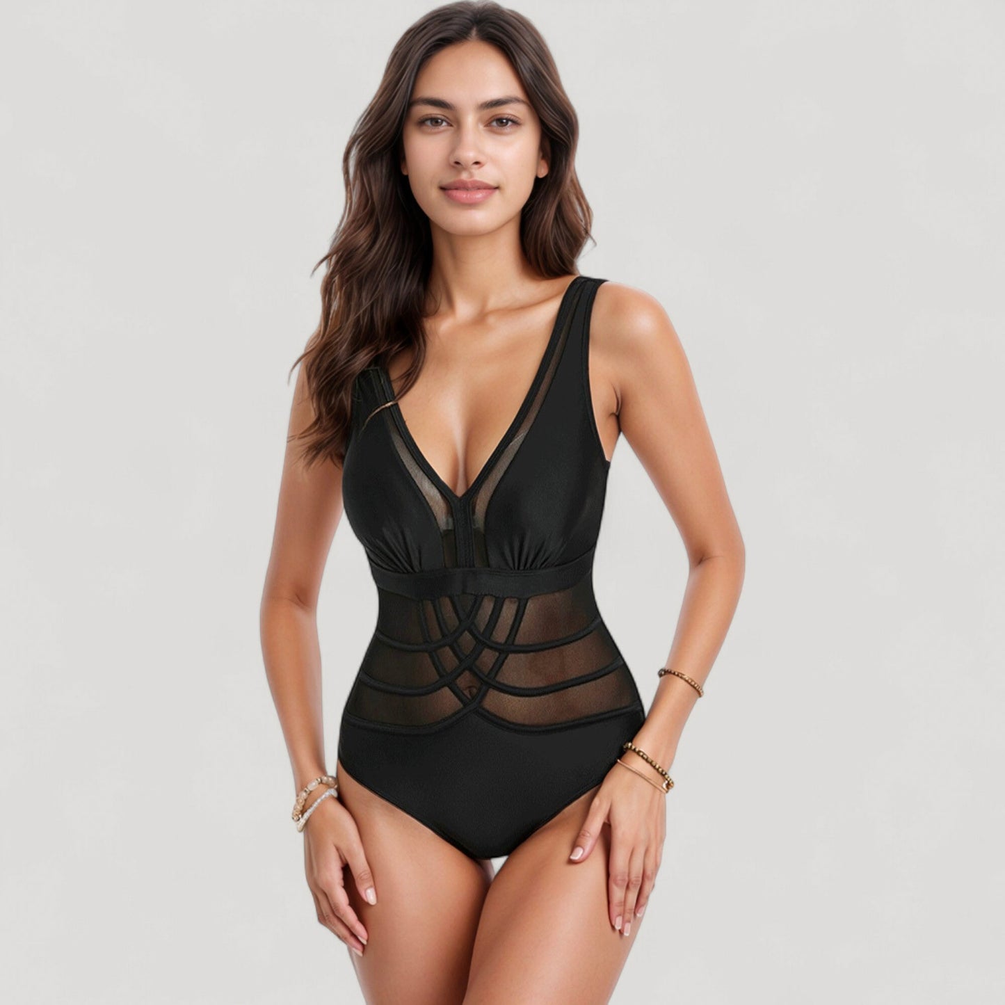 Anna-Kaci Swim Women's Mesh Panel One Piece Swimsuit with Deep V Neck and Geometric Striped Waist Design