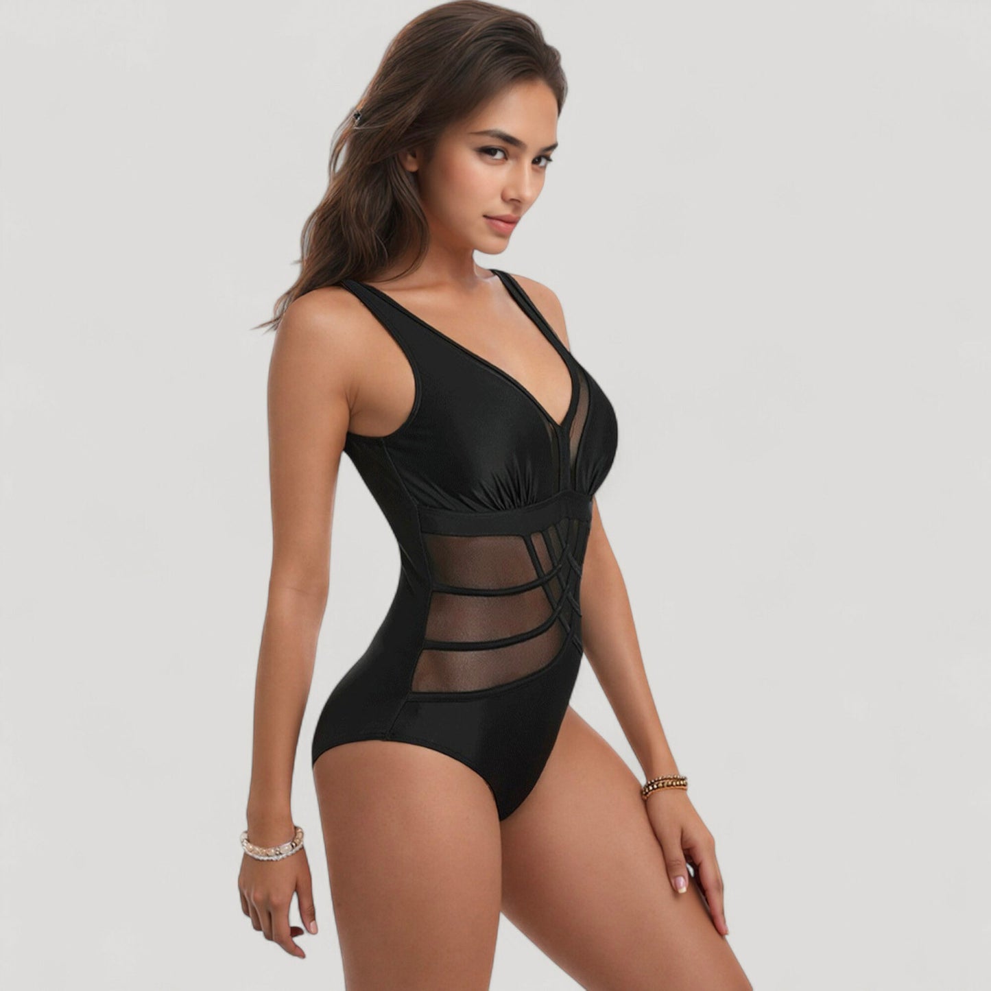 Anna-Kaci Swim Women's Mesh Panel One Piece Swimsuit with Deep V Neck and Geometric Striped Waist Design