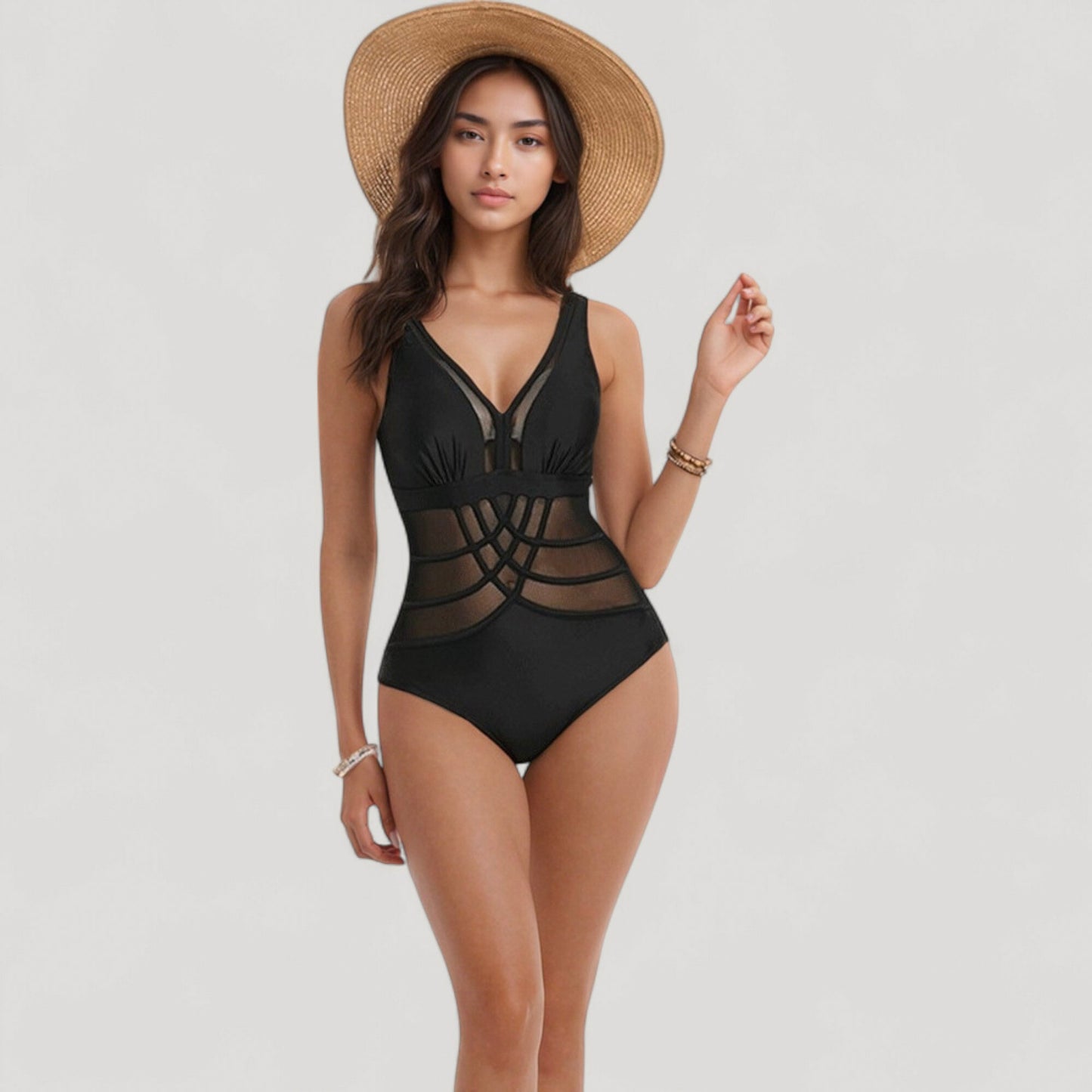 Anna-Kaci Swim Women's Mesh Panel One Piece Swimsuit with Deep V Neck and Geometric Striped Waist Design
