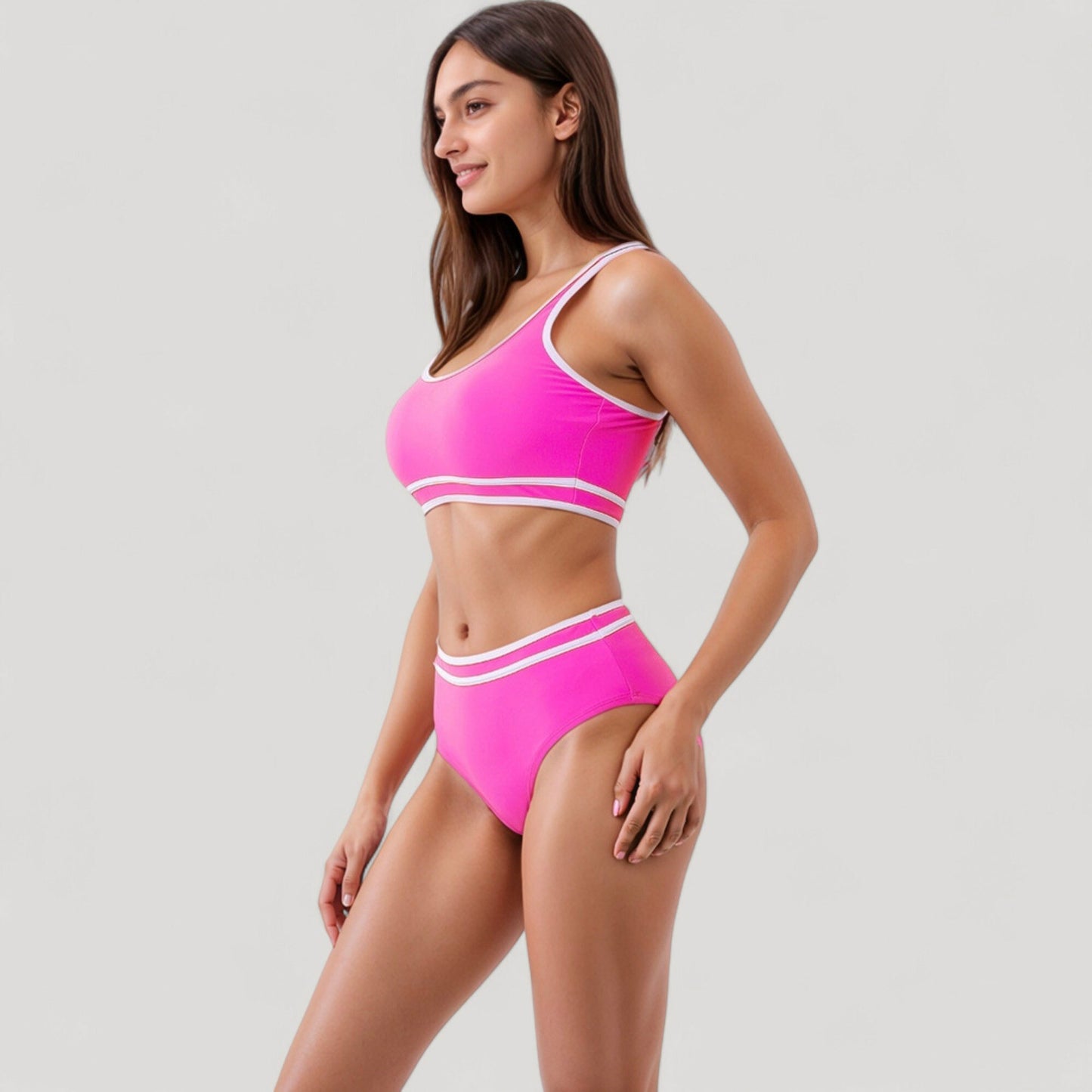 Anna-Kaci Swim Women's Sporty High Waist Bikini Set with Contrast Trim and Scoop Neck Crop Top