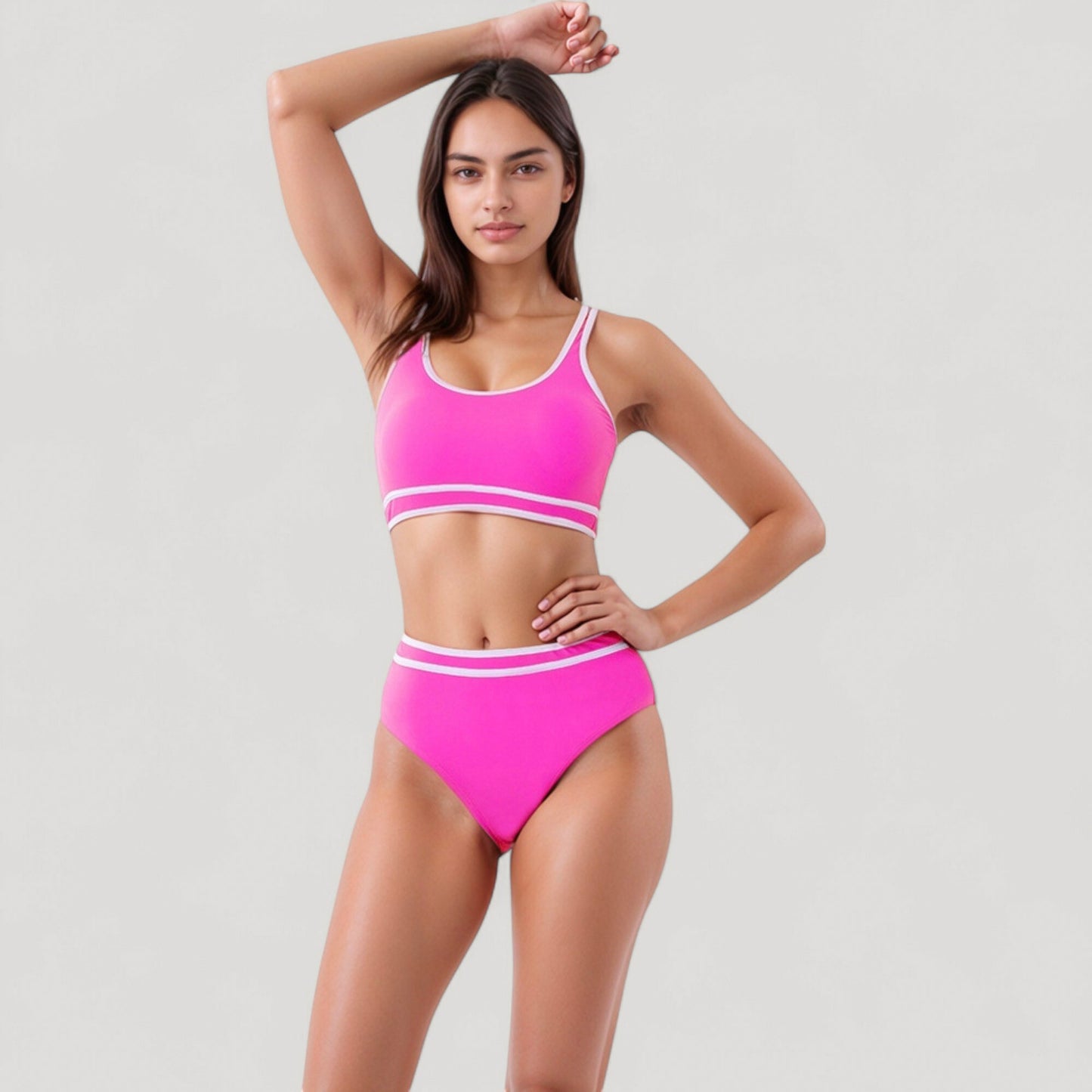 Anna-Kaci Swim Women's Sporty High Waist Bikini Set with Contrast Trim and Scoop Neck Crop Top