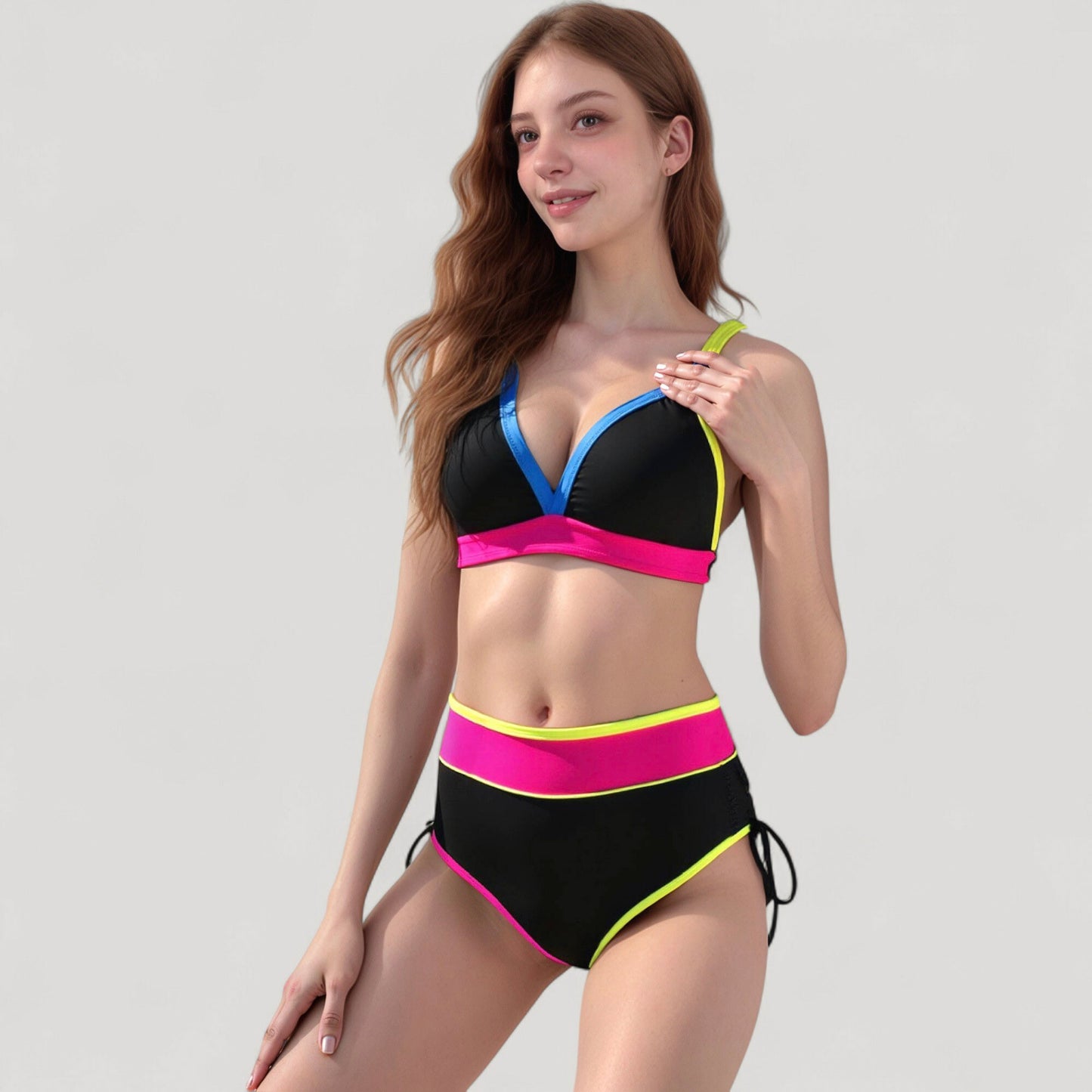 Anna-Kaci Swim Women's Colorblock High Waist Bikini Set with Adjustable Side Ruched Bottoms and V-Neck Supportive Top