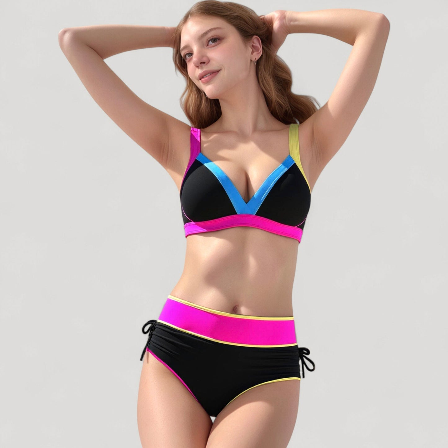 Anna-Kaci Swim Women's Colorblock High Waist Bikini Set with Adjustable Side Ruched Bottoms and V-Neck Supportive Top