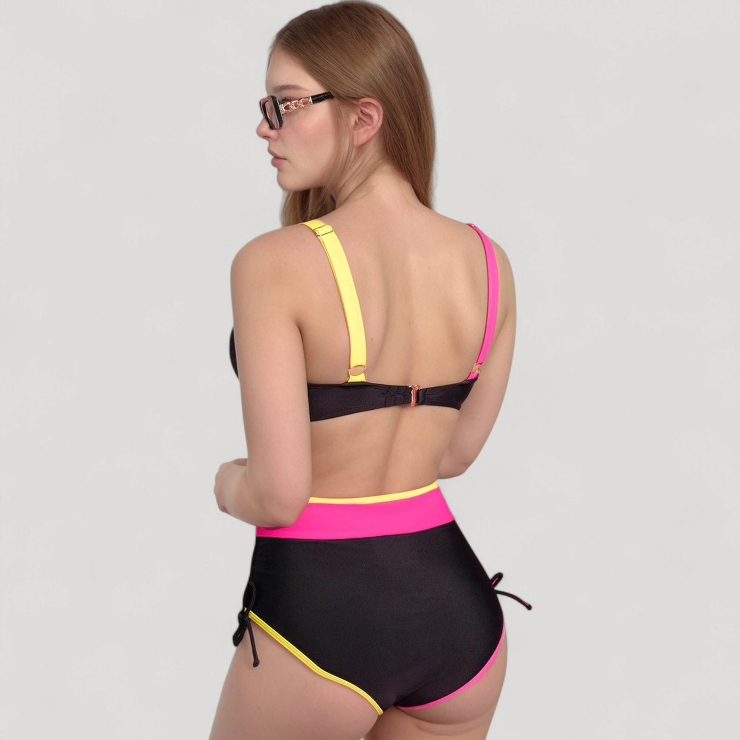 Anna-Kaci Swim Women's Colorblock High Waist Bikini Set with Adjustable Side Ruched Bottoms and V-Neck Supportive Top