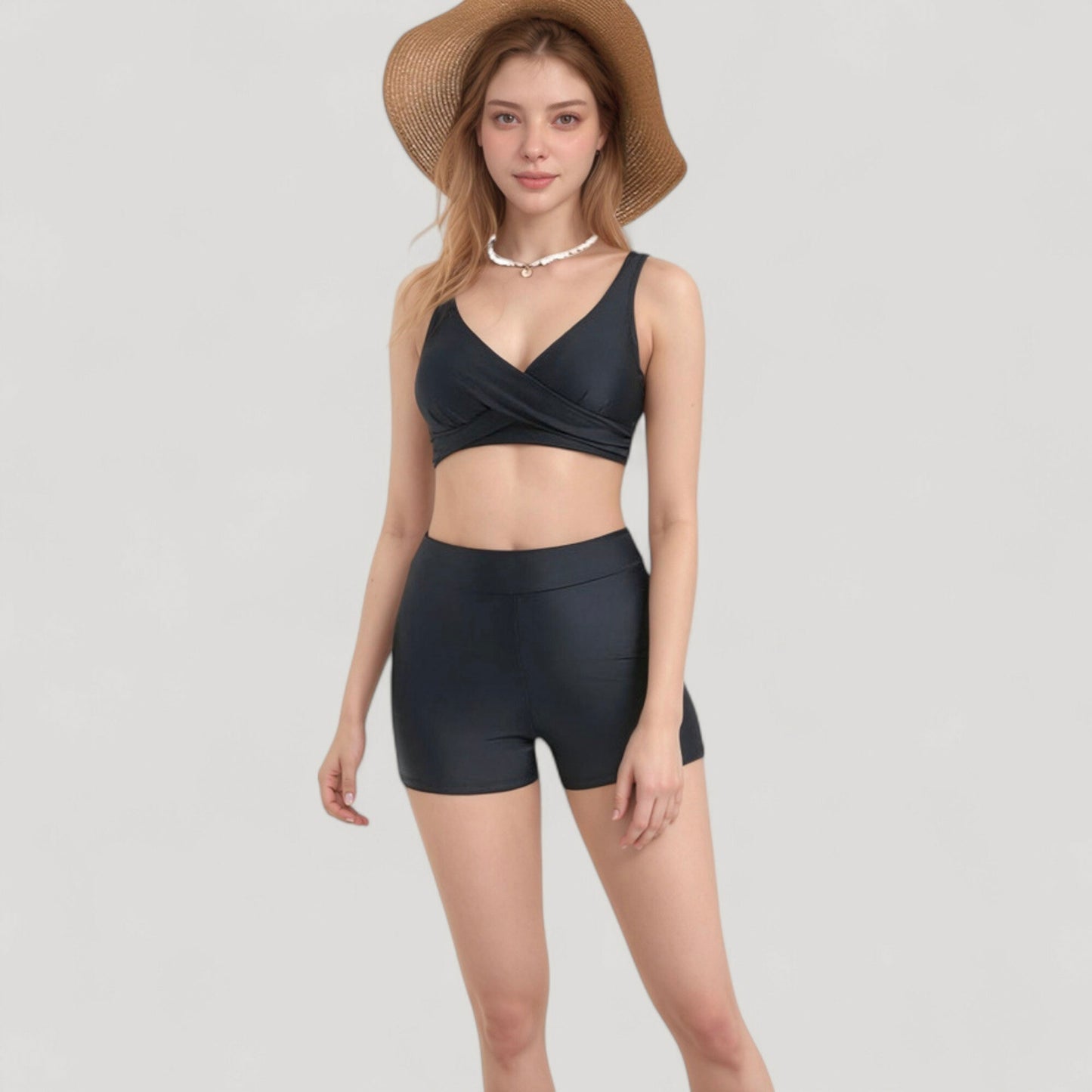 Anna-Kaci Swim Women's Twist Front Bikini Top and High Waist Swim Shorts Set with Supportive Wide Straps and Soft Stretch Fit