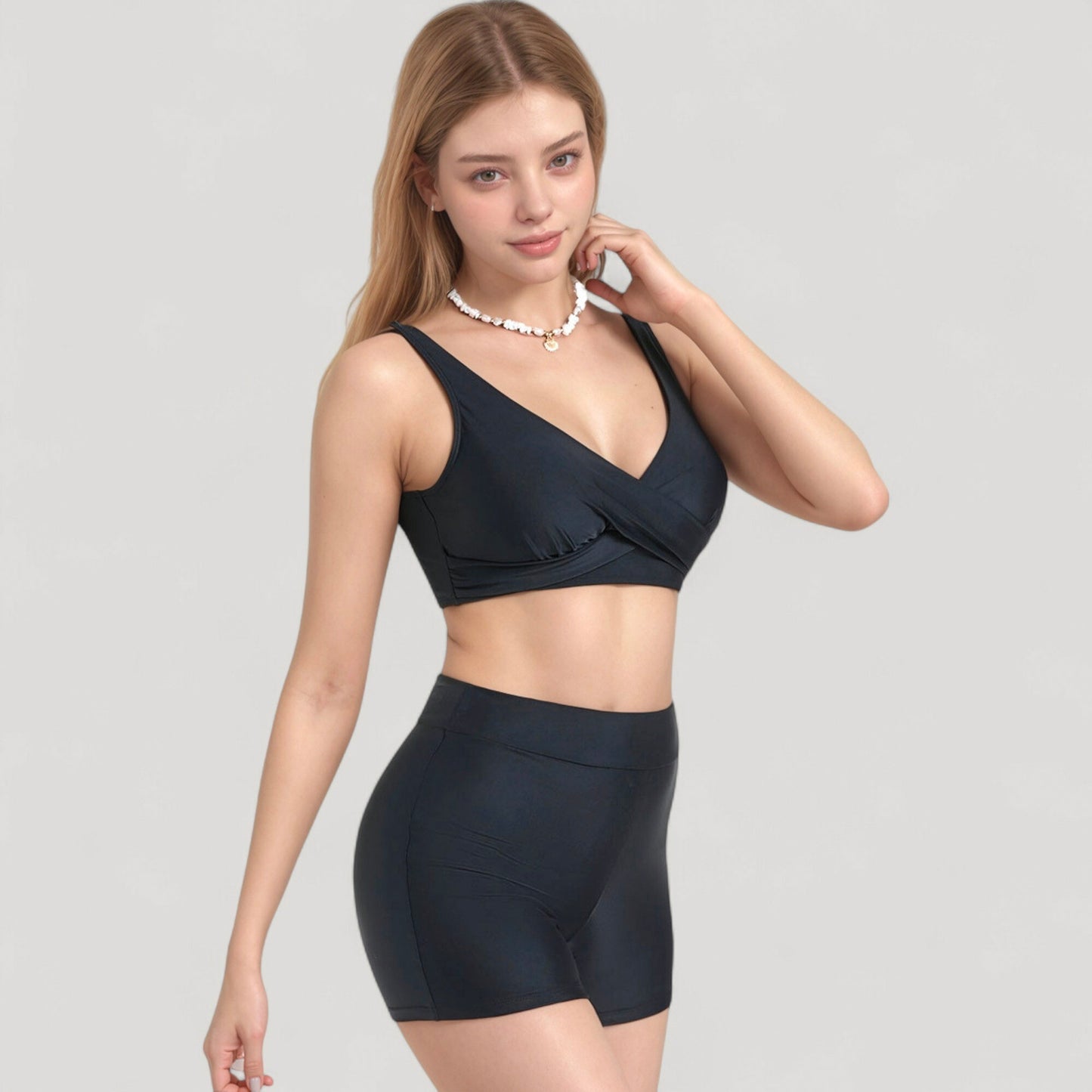 Anna-Kaci Swim Women's Twist Front Bikini Top and High Waist Swim Shorts Set with Supportive Wide Straps and Soft Stretch Fit