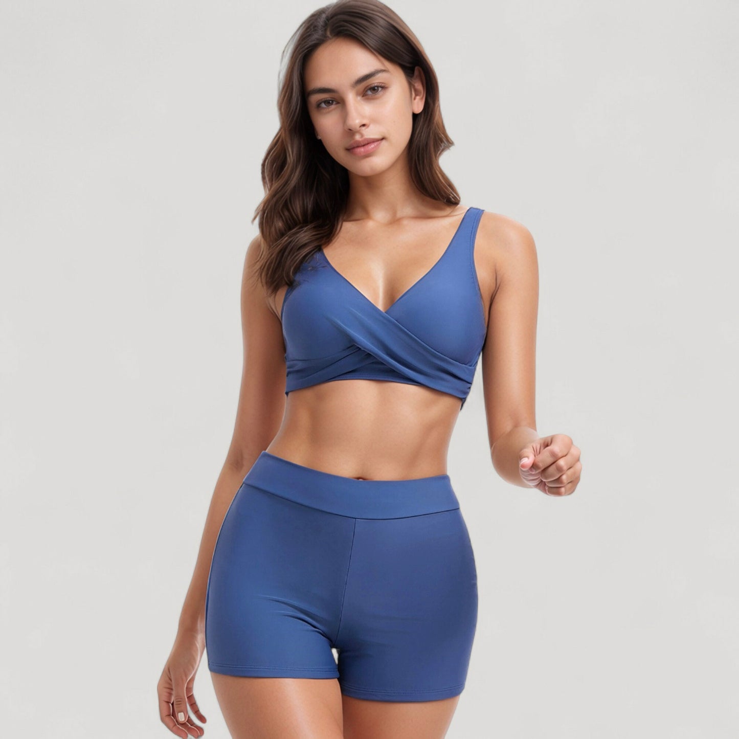 Anna-Kaci Swim Women's Twist Front Bikini Top and High Waist Swim Shorts Set with Supportive Wide Straps and Soft Stretch Fit
