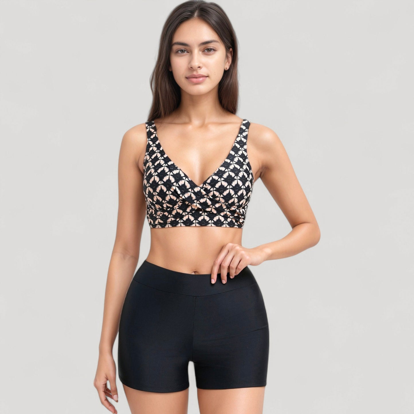 Anna-Kaci Swim Women's Twist Front Bikini Top and High Waist Swim Shorts Set with Supportive Wide Straps and Soft Stretch Fit
