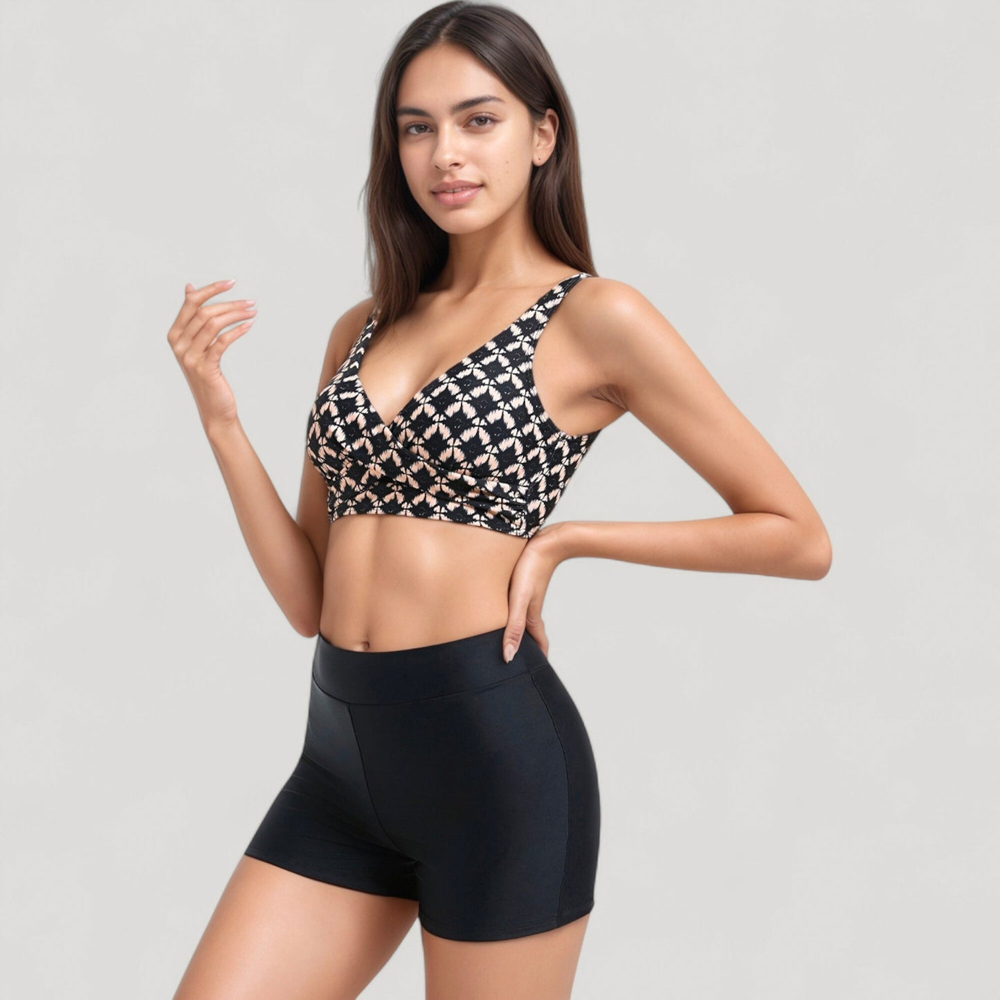 Anna-Kaci Swim Women's Twist Front Bikini Top and High Waist Swim Shorts Set with Supportive Wide Straps and Soft Stretch Fit
