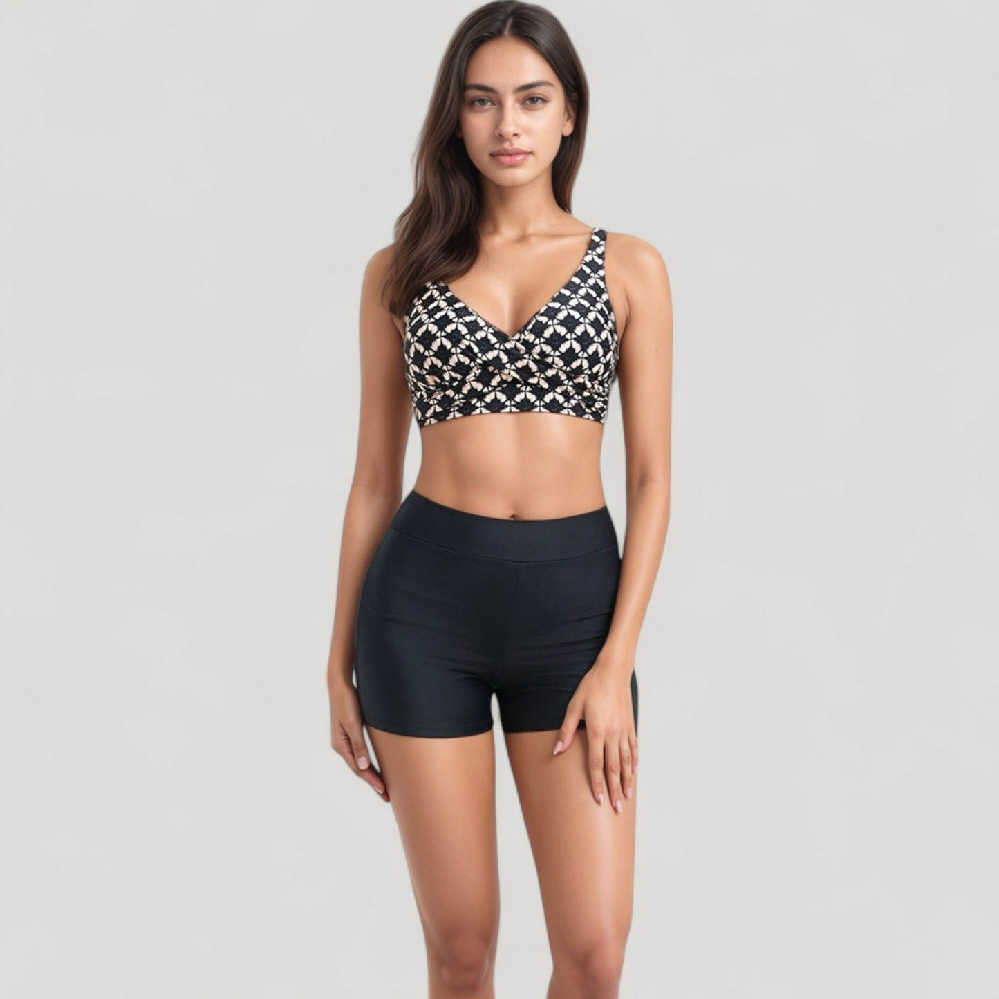 Anna-Kaci Swim Women's Twist Front Bikini Top and High Waist Swim Shorts Set with Supportive Wide Straps and Soft Stretch Fit