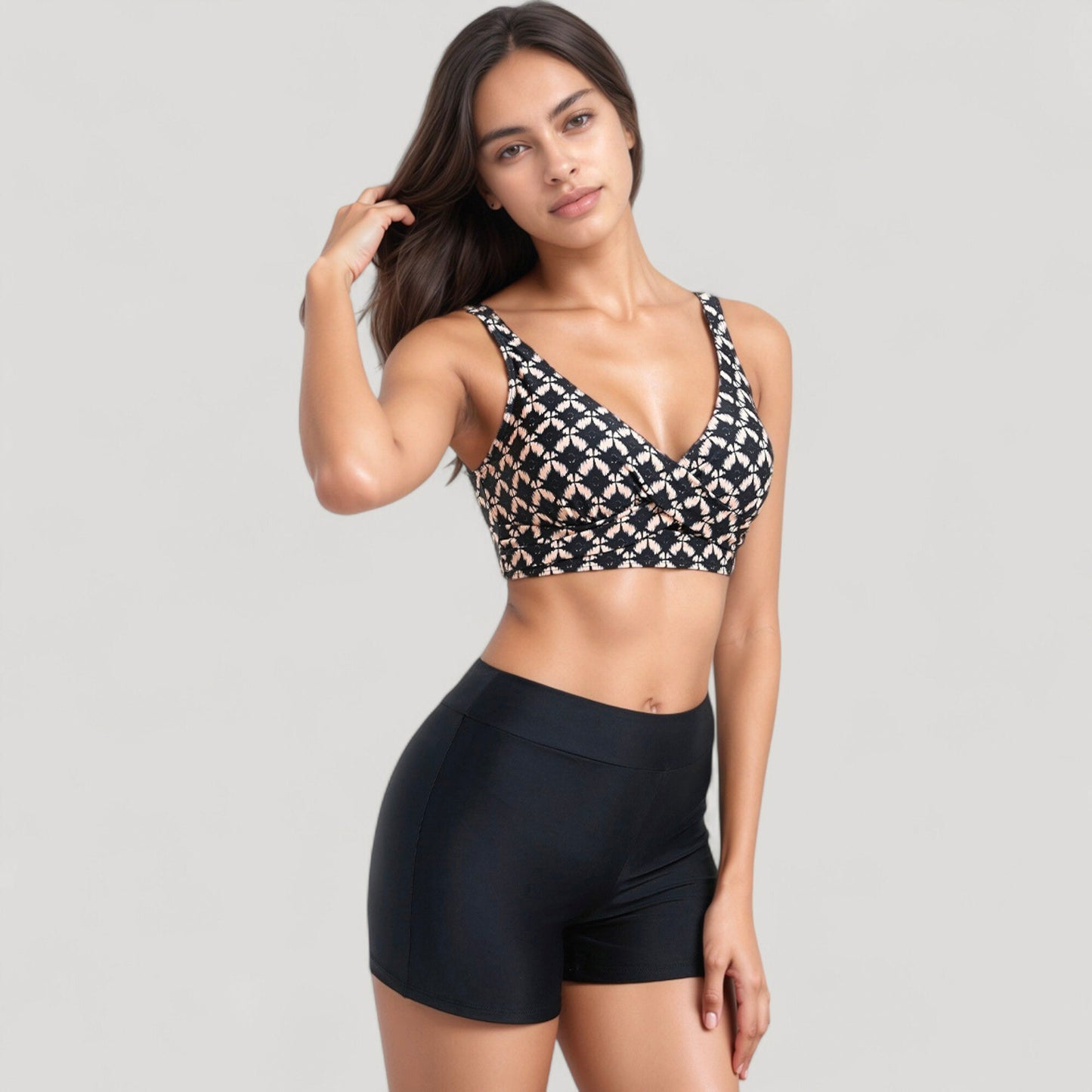 Anna-Kaci Swim Women's Twist Front Bikini Top and High Waist Swim Shorts Set with Supportive Wide Straps and Soft Stretch Fit