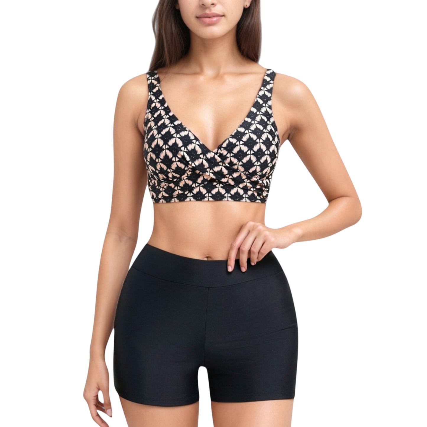 Anna-Kaci Swim Women's Twist Front Bikini Top and High Waist Swim Shorts Set with Supportive Wide Straps and Soft Stretch Fit