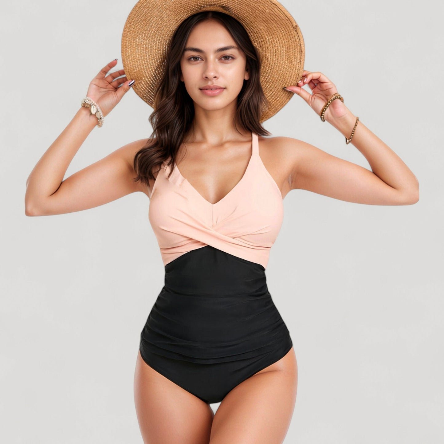 Anna-Kaci Swim Women's Twist Front One Piece Swimsuit with Ruched Waist Panel and Adjustable Straps for Flattering Shaping and Support