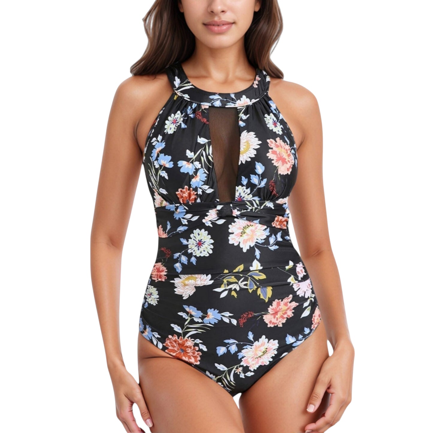Anna-Kaci Swim Women's Halter Neck One Piece Swimsuit with Keyhole Front Detail and Floral Patterned Bodice for a Feminine and Flattering Look