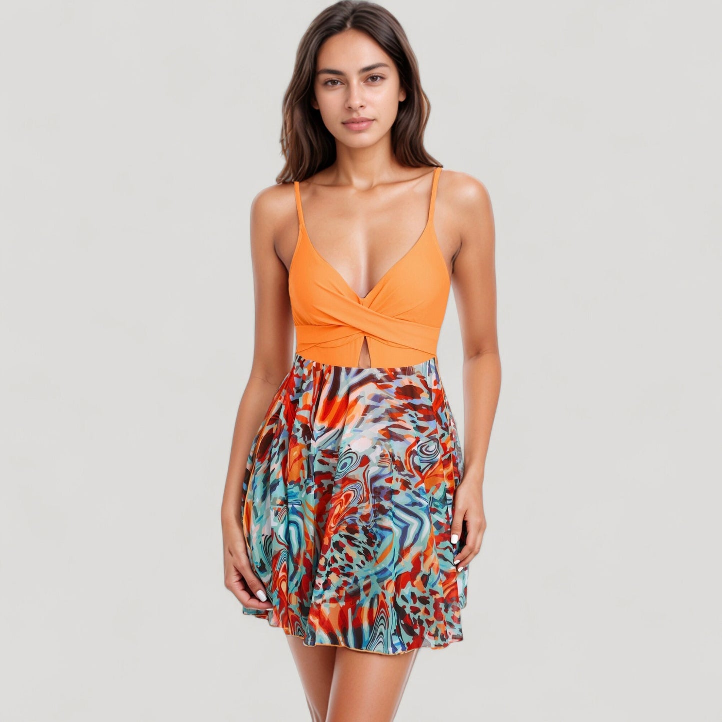 Anna-Kaci Swim Women's One Piece Swim Dress with Twist Front Bodice and Sheer Mesh Skirt Overlay