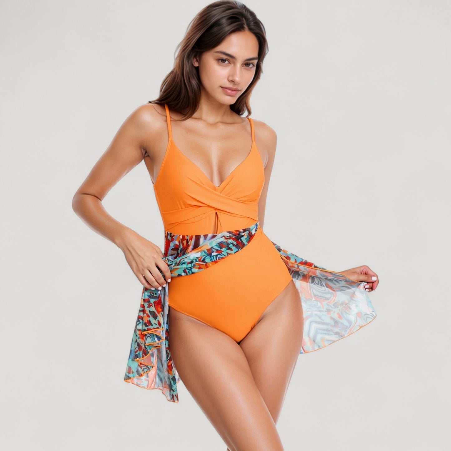 Anna-Kaci Swim Women's One Piece Swim Dress with Twist Front Bodice and Sheer Mesh Skirt Overlay