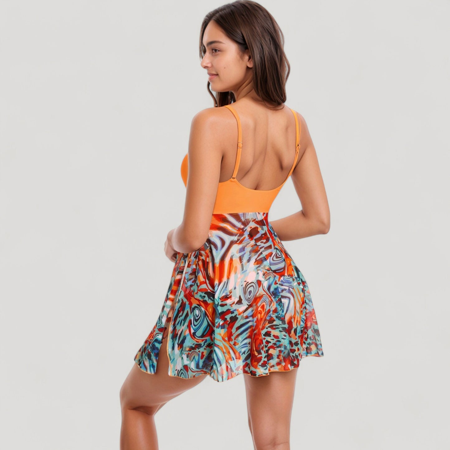 Anna-Kaci Swim Women's One Piece Swim Dress with Twist Front Bodice and Sheer Mesh Skirt Overlay