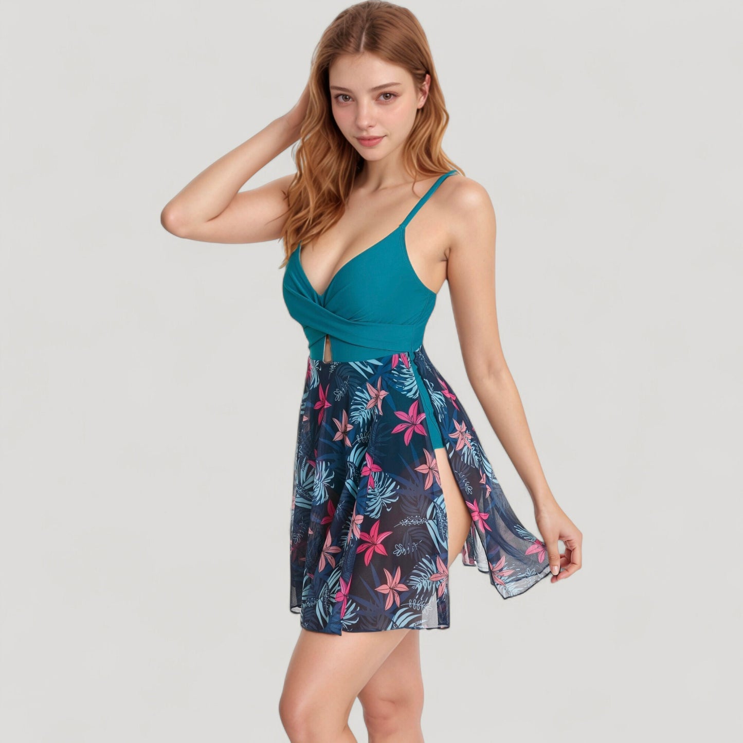 Anna-Kaci Swim Women's One Piece Swim Dress with Twist Front Bodice and Sheer Mesh Skirt Overlay