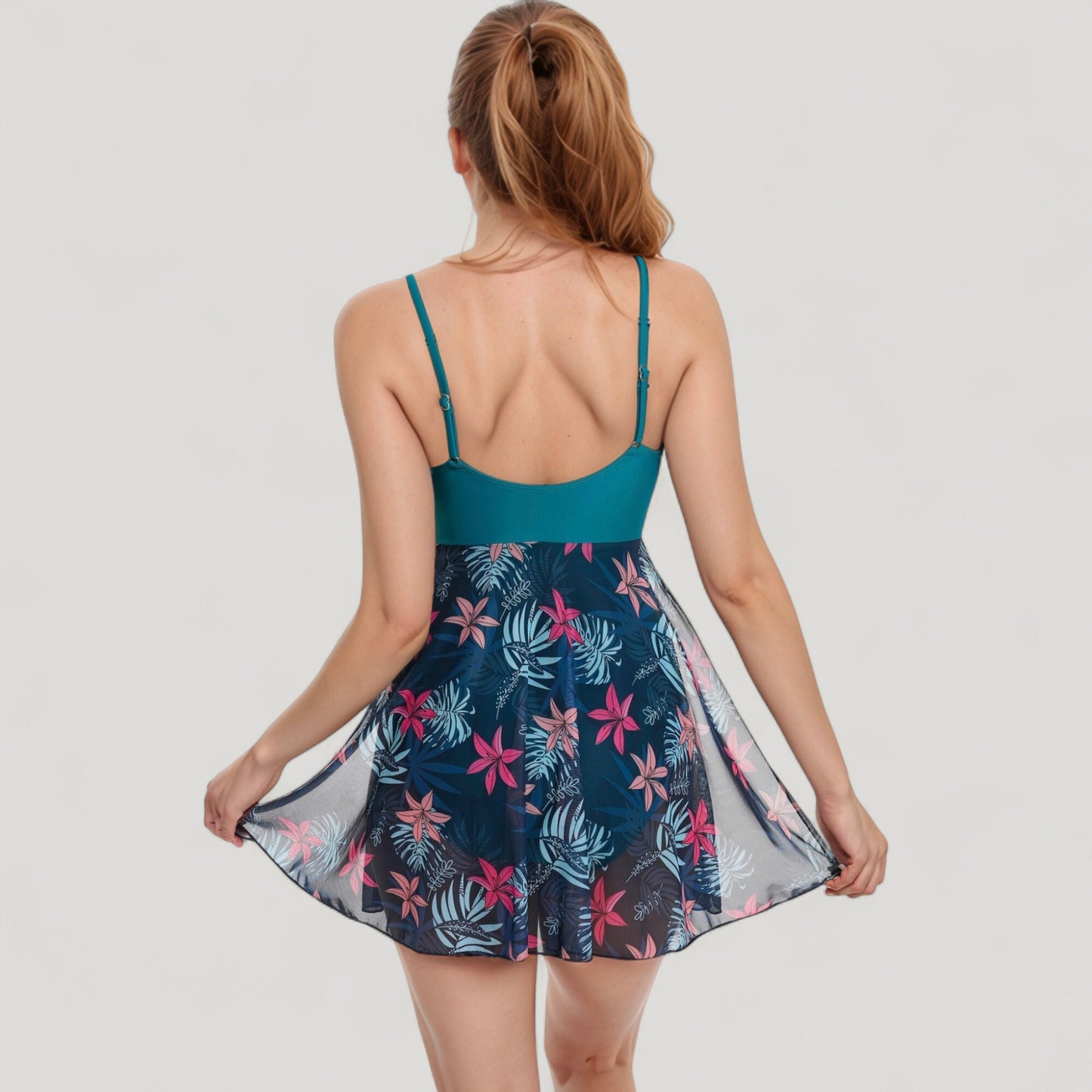 Anna-Kaci Swim Women's One Piece Swim Dress with Twist Front Bodice and Sheer Mesh Skirt Overlay
