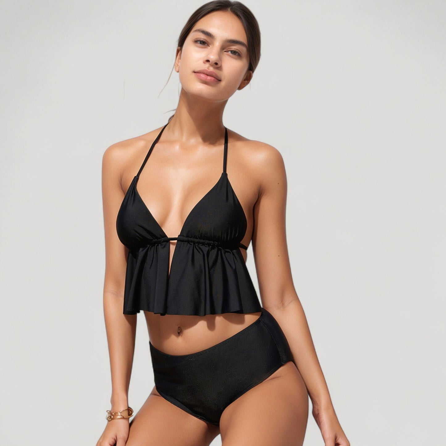 Anna-Kaci Swim Women's Halter Bikini Set with Ruffle Tank Style Top and High Waist Bottoms