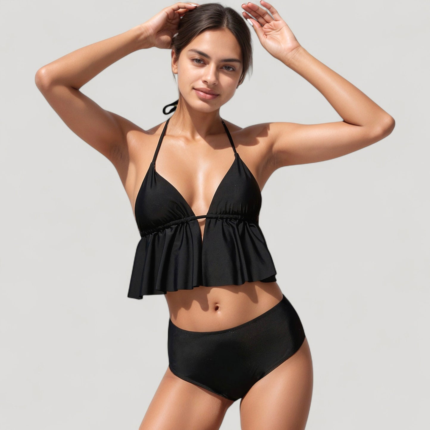 Anna-Kaci Swim Women's Halter Bikini Set with Ruffle Tank Style Top and High Waist Bottoms