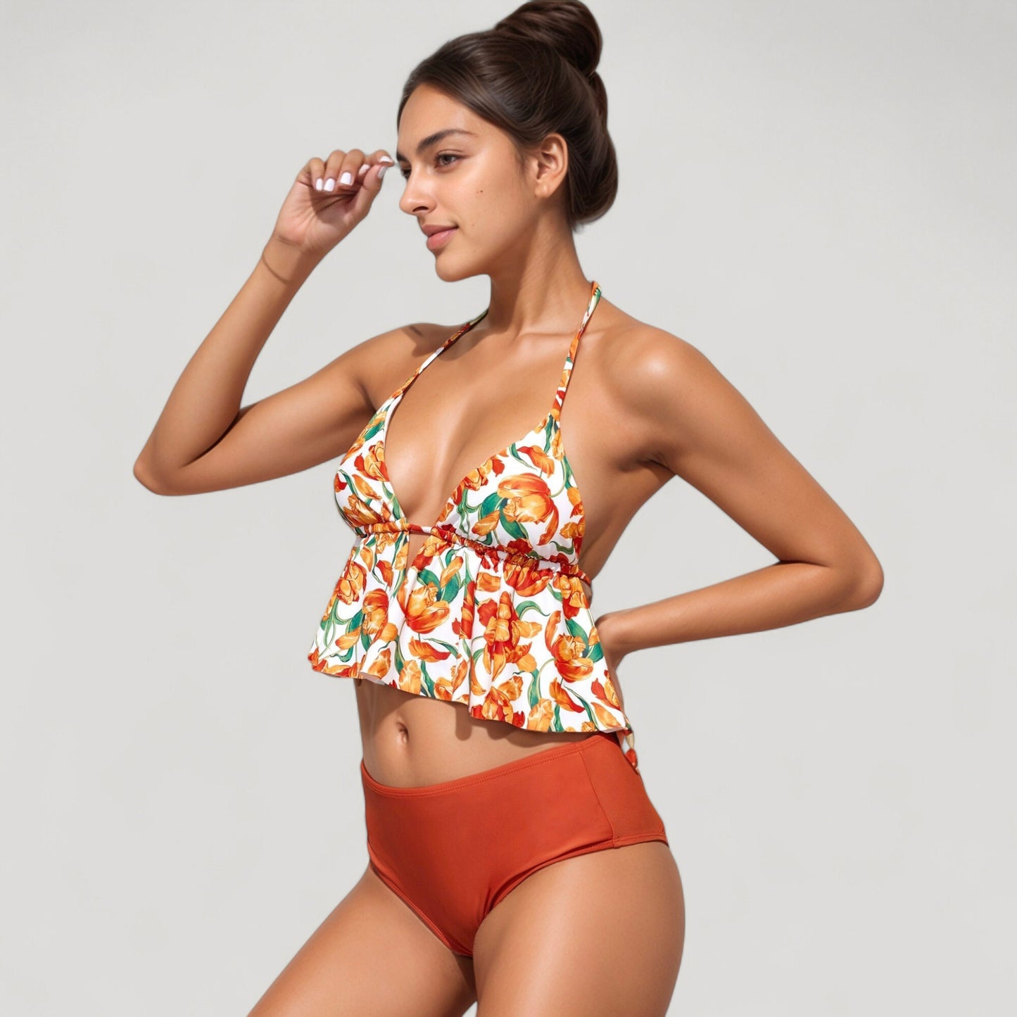 Anna-Kaci Swim Women's Halter Bikini Set with Ruffle Tank Style Top and High Waist Bottoms