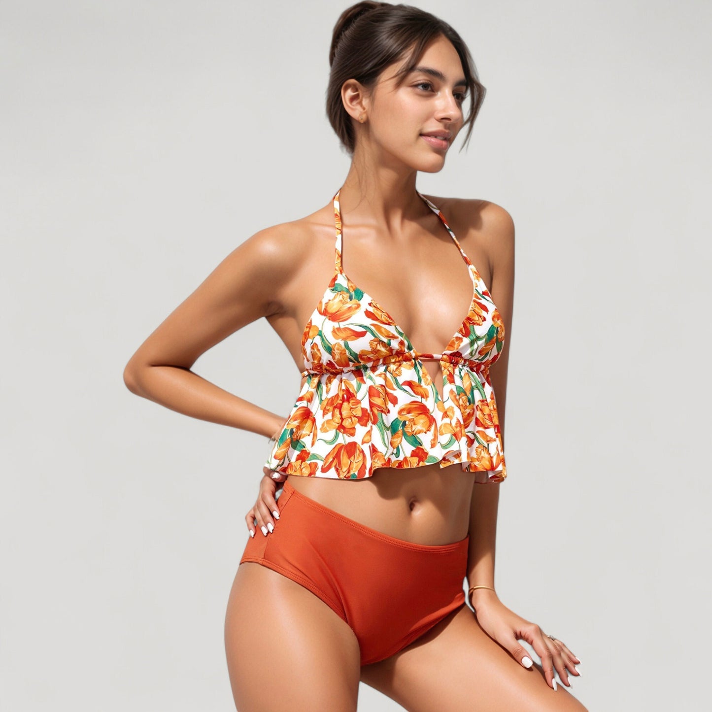 Anna-Kaci Swim Women's Halter Bikini Set with Ruffle Tank Style Top and High Waist Bottoms
