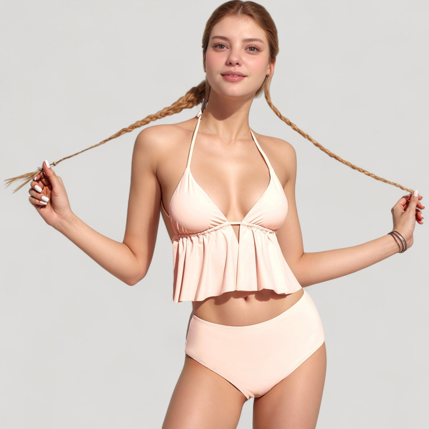 Anna-Kaci Swim Women's Halter Bikini Set with Ruffle Tank Style Top and High Waist Bottoms