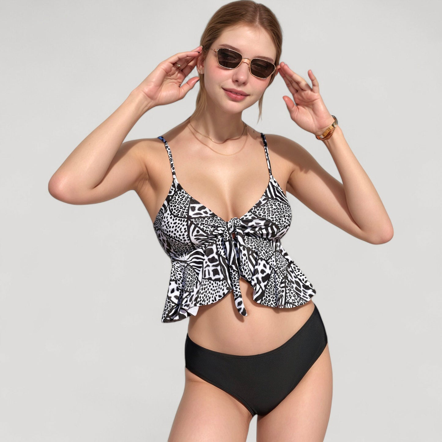 Anna-Kaci Swim Women's Ruffle Tankini Bikini Set with Tropical Leaf Print Bow Front Detail and Adjustable Straps for a Comfortable Fit
