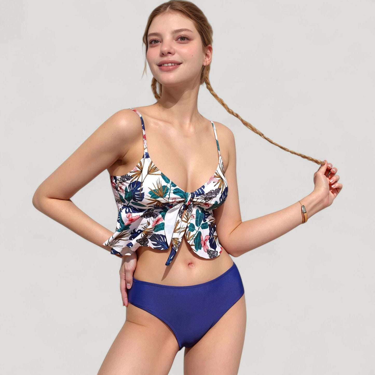 Anna-Kaci Swim Women's Ruffle Tankini Bikini Set with Tropical Leaf Print Bow Front Detail and Adjustable Straps for a Comfortable Fit