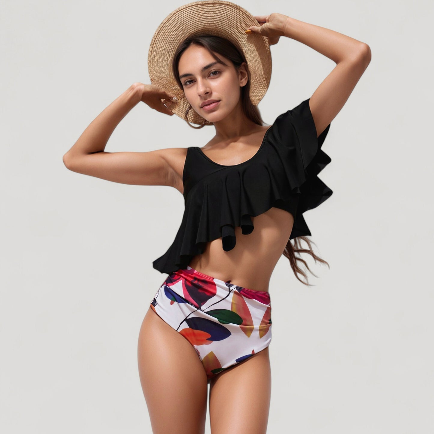 Anna-Kaci Swim Women's One Shoulder Ruffle Bikini Top with High Waist Abstract Print Bottom for a Bold and Flattering Swim Look