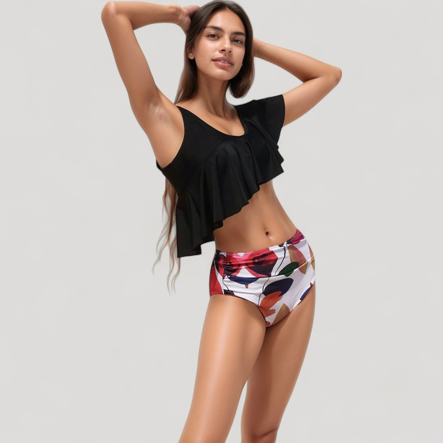 Anna-Kaci Swim Women's One Shoulder Ruffle Bikini Top with High Waist Abstract Print Bottom for a Bold and Flattering Swim Look