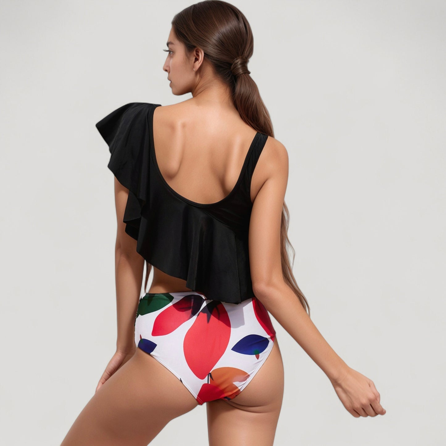 Anna-Kaci Swim Women's One Shoulder Ruffle Bikini Top with High Waist Abstract Print Bottom for a Bold and Flattering Swim Look
