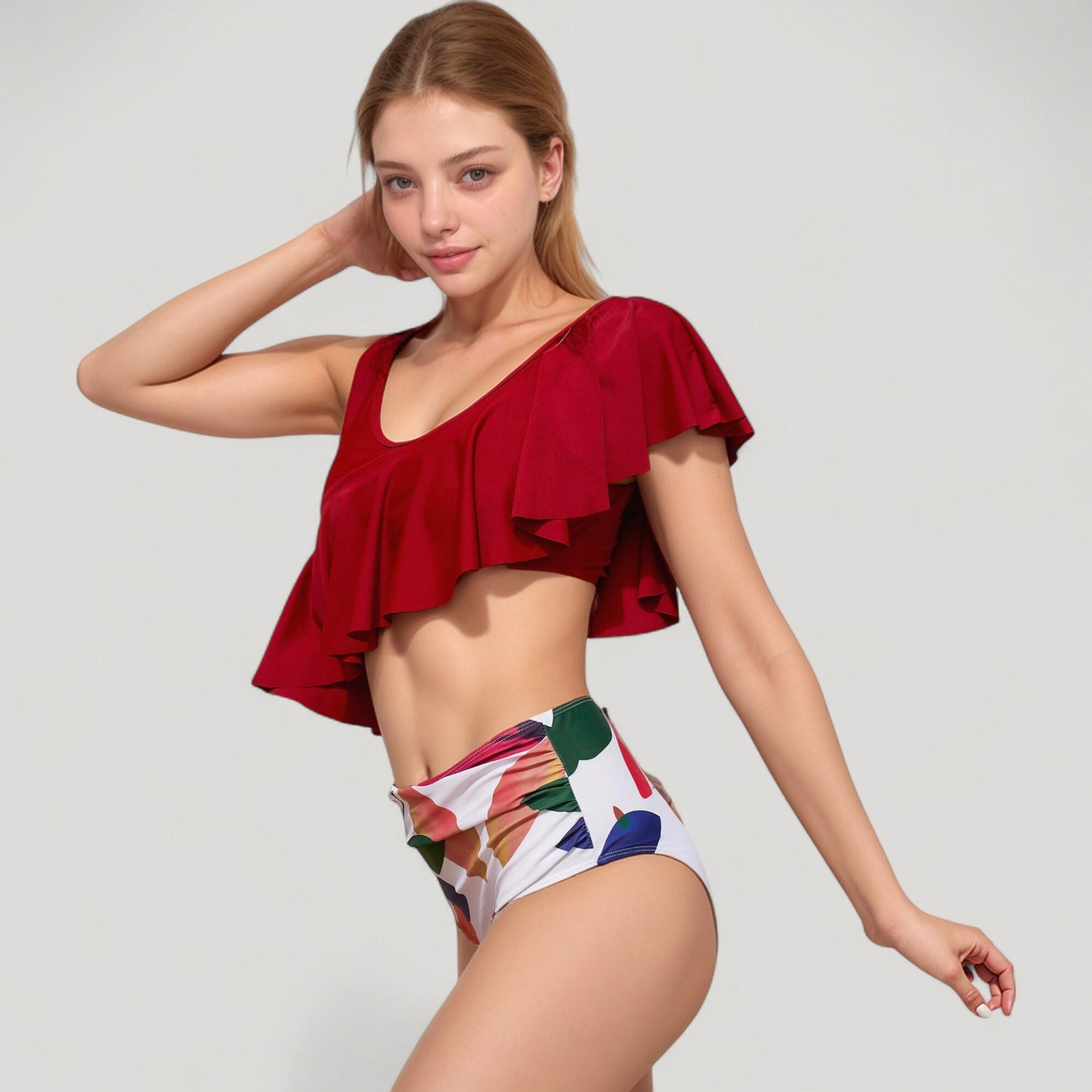 Anna-Kaci Swim Women's One Shoulder Ruffle Bikini Top with High Waist Abstract Print Bottom for a Bold and Flattering Swim Look