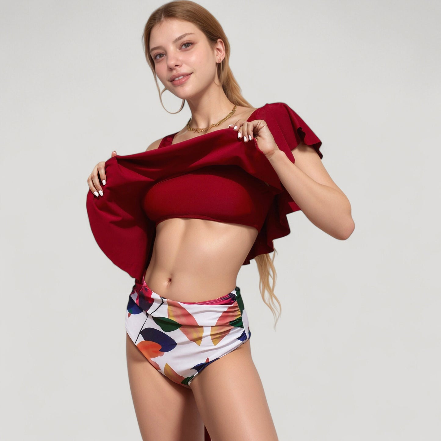 Anna-Kaci Swim Women's One Shoulder Ruffle Bikini Top with High Waist Abstract Print Bottom for a Bold and Flattering Swim Look