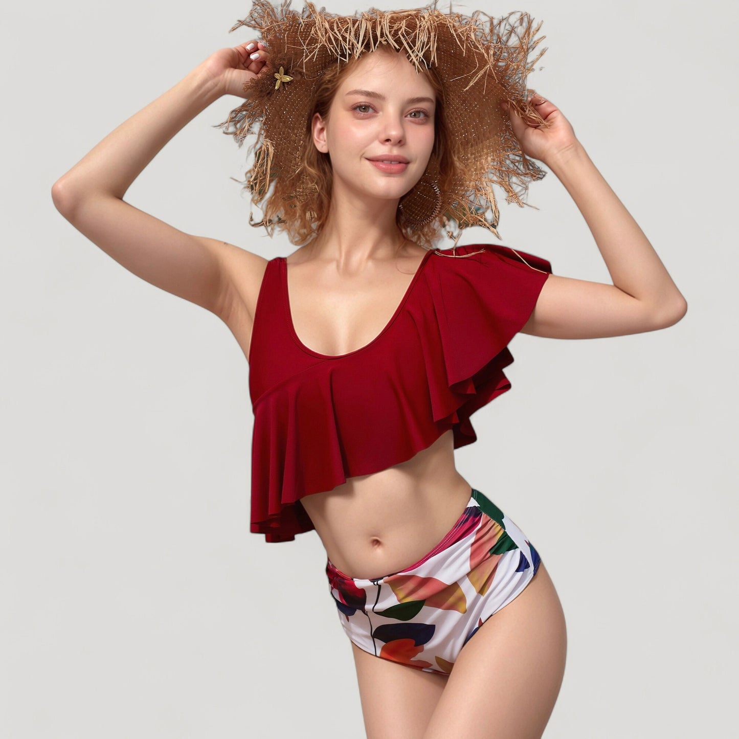 Anna-Kaci Swim Women's One Shoulder Ruffle Bikini Top with High Waist Abstract Print Bottom for a Bold and Flattering Swim Look