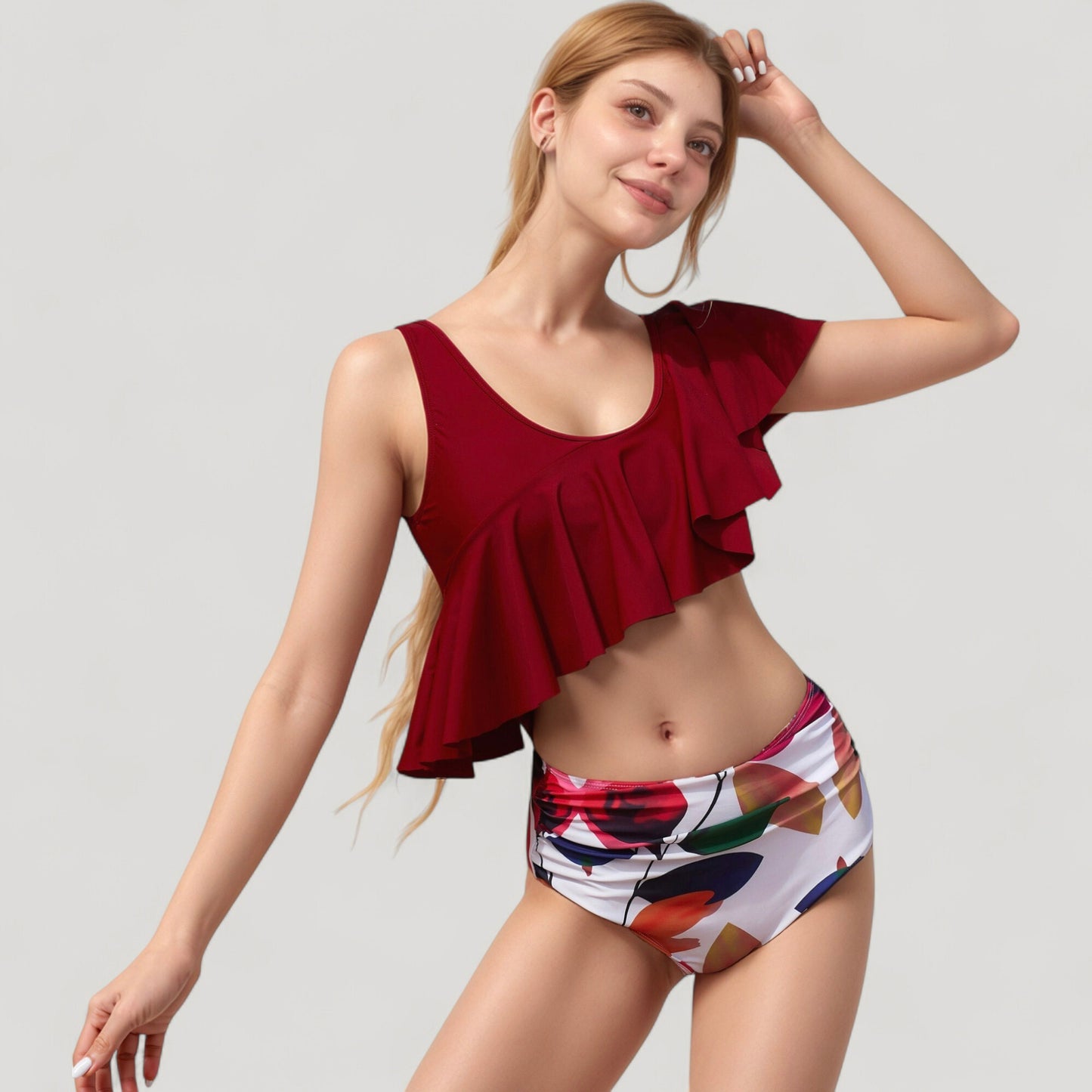 Anna-Kaci Swim Women's One Shoulder Ruffle Bikini Top with High Waist Abstract Print Bottom for a Bold and Flattering Swim Look