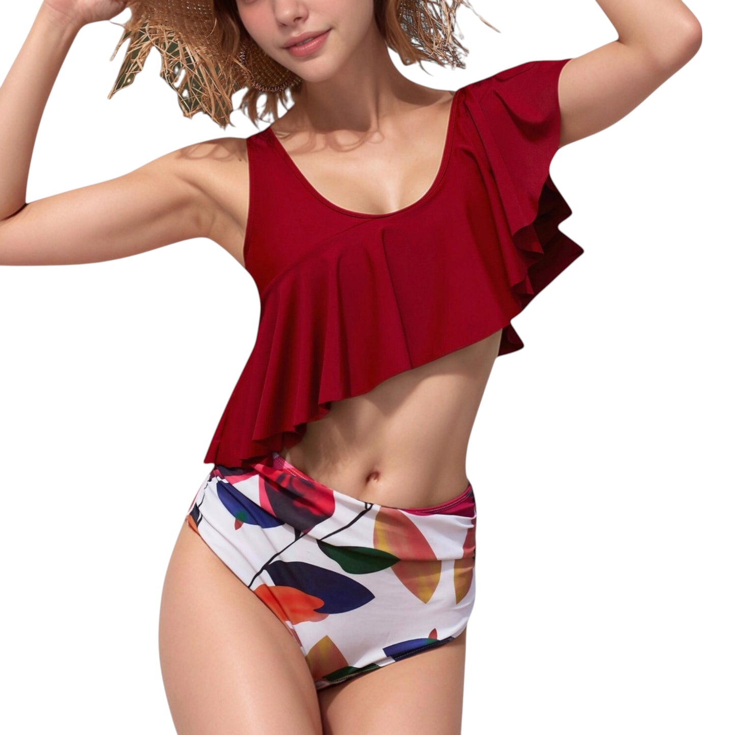 Anna-Kaci Swim Women's One Shoulder Ruffle Bikini Top with High Waist Abstract Print Bottom for a Bold and Flattering Swim Look