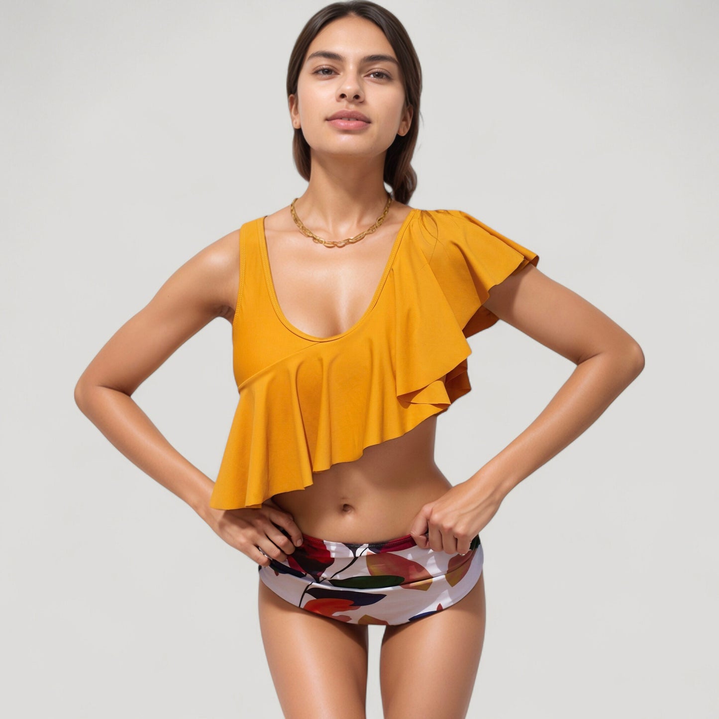 Anna-Kaci Swim Women's One Shoulder Ruffle Bikini Top with High Waist Abstract Print Bottom for a Bold and Flattering Swim Look