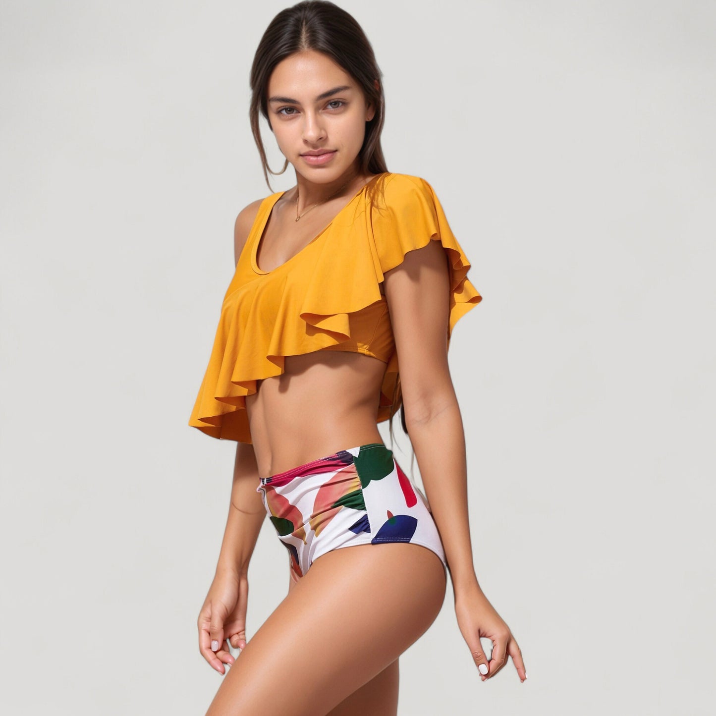 Anna-Kaci Swim Women's One Shoulder Ruffle Bikini Top with High Waist Abstract Print Bottom for a Bold and Flattering Swim Look